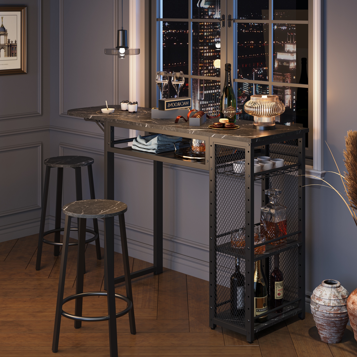 Ensemble avec table de bar style pub Bestier, tablettes ajustables et porte-gobelet pour bouteilles de vin