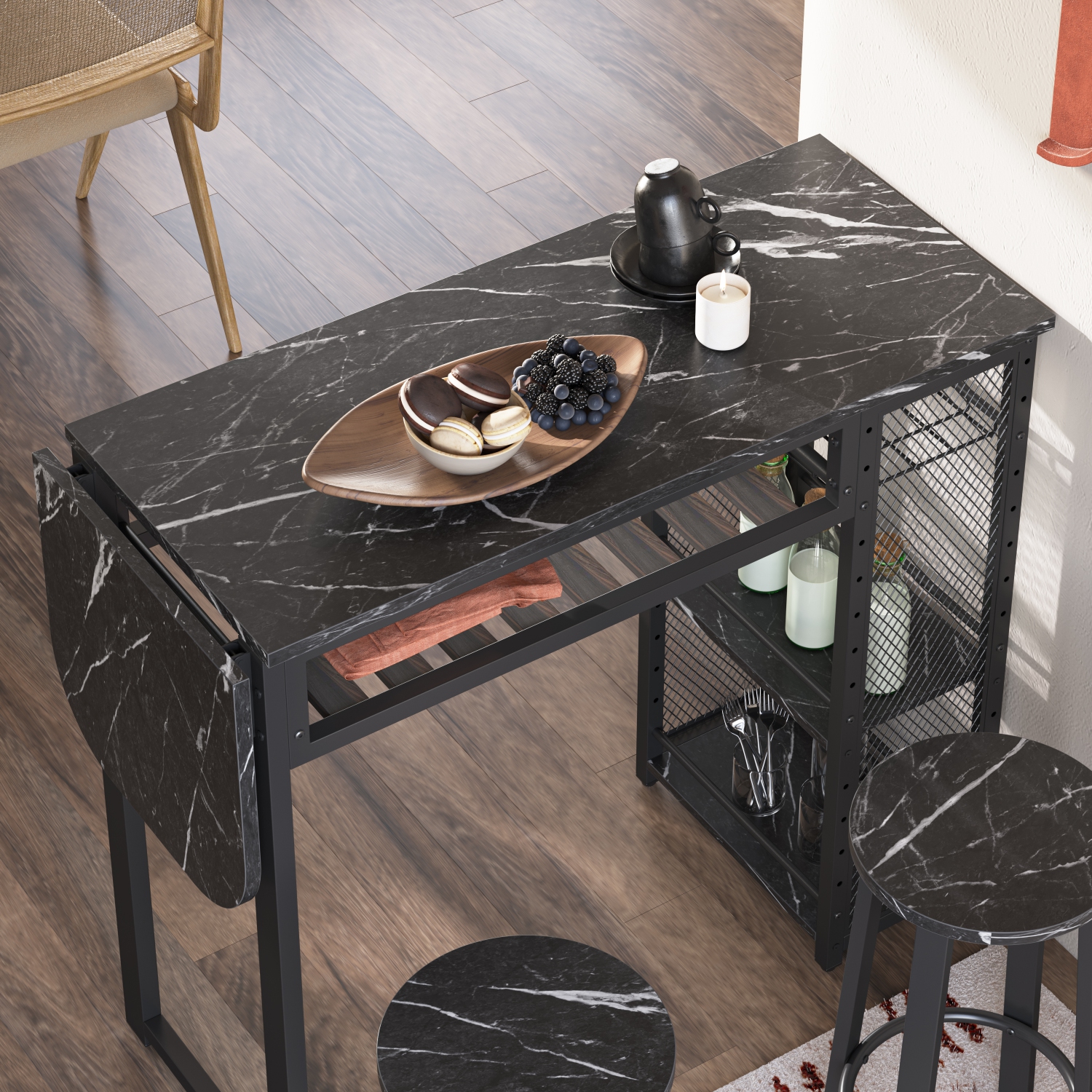 Ensemble avec table de bar style pub Bestier, tablettes ajustables et porte-gobelet pour bouteilles de vin