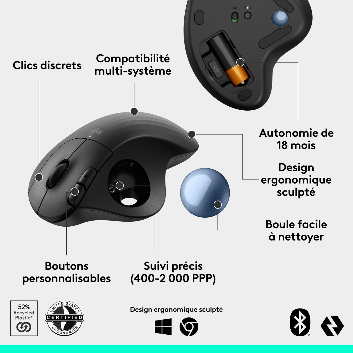 Logitech Ergo M575S Ergonomic 2000 DPI Wireless Trackball Mouse - Black