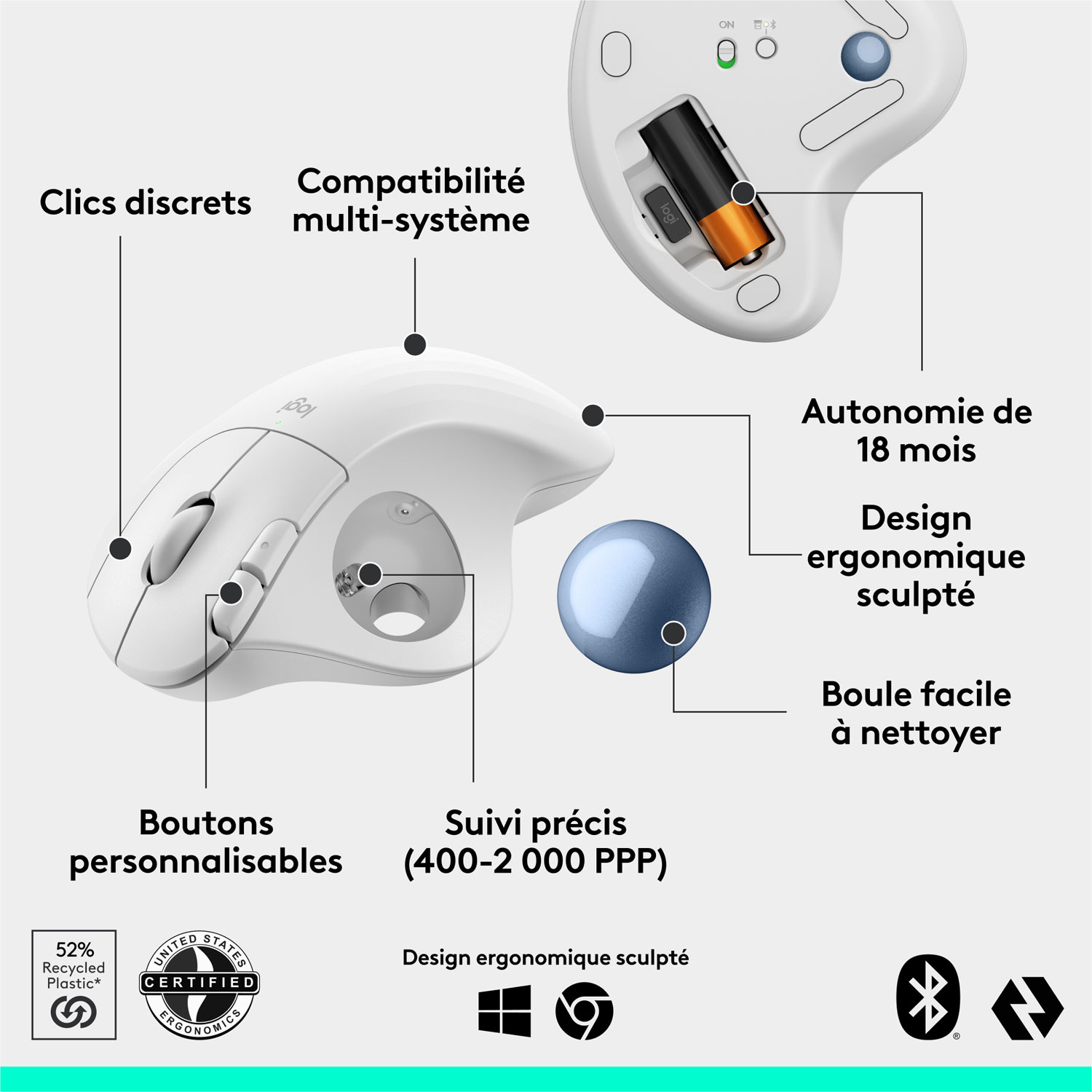 Souris ergonomique sans fil à boule de commande 2000 ppp Ergo M575S de Logitech - Blanc cassé