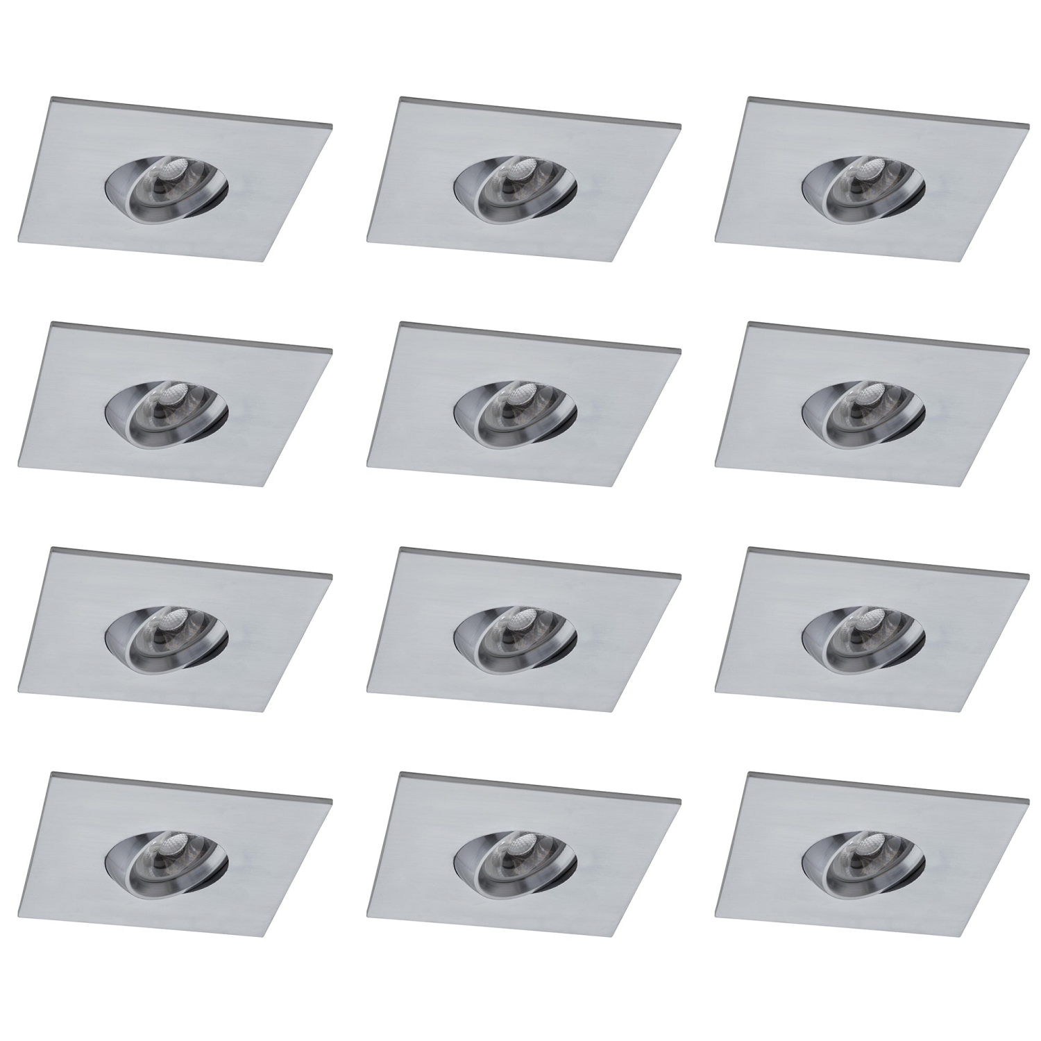 12 Pack Square 4 Inch Satin Chrome LED Recessed Downlight – 3000K, Dimmable, IC & Wet Location Rated, 36° Beam, 5-Year Warranty