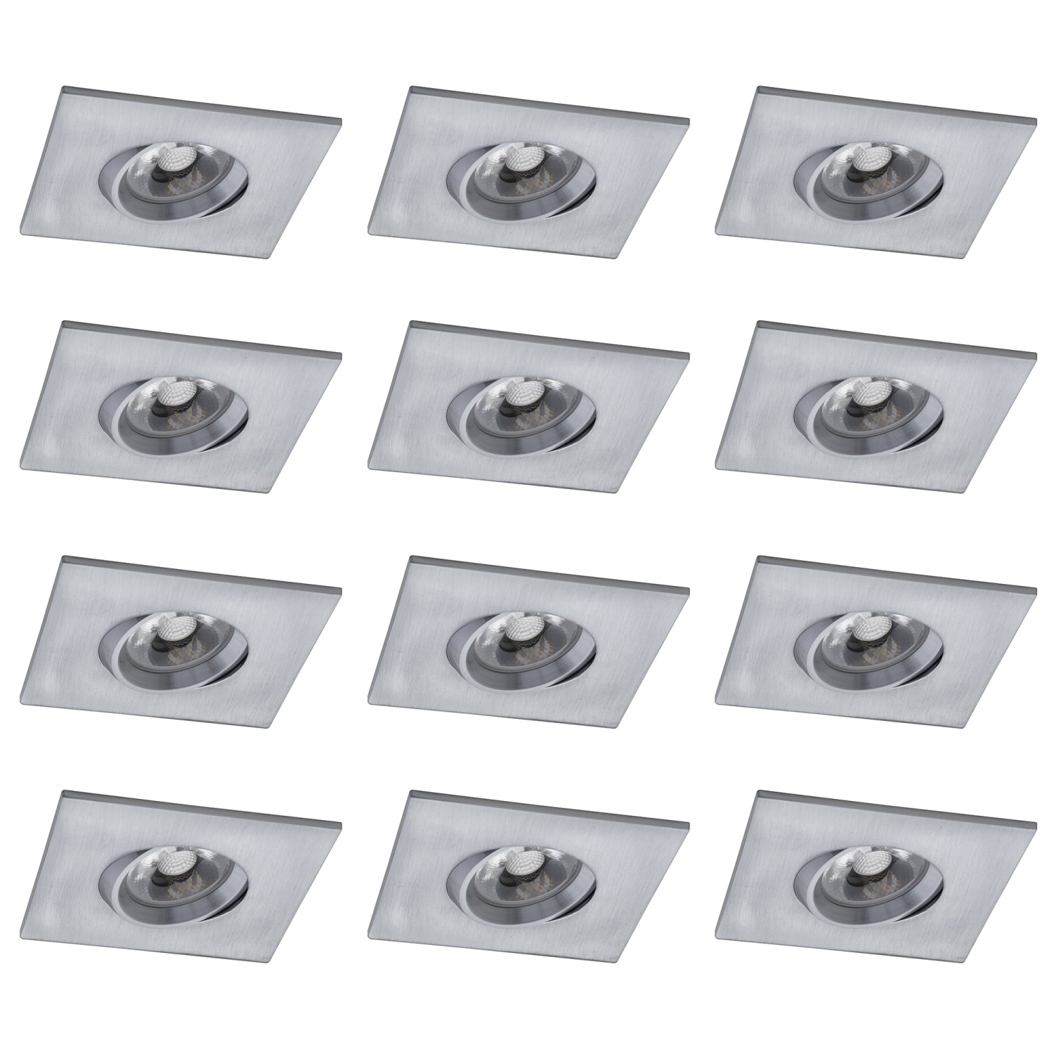 12 Pack Square 3 inch Satin Chrome LED Recessed Downlight – 3000K, Dimmable, IC & Wet Location Rated, 36° Beam, 5-Year Warranty