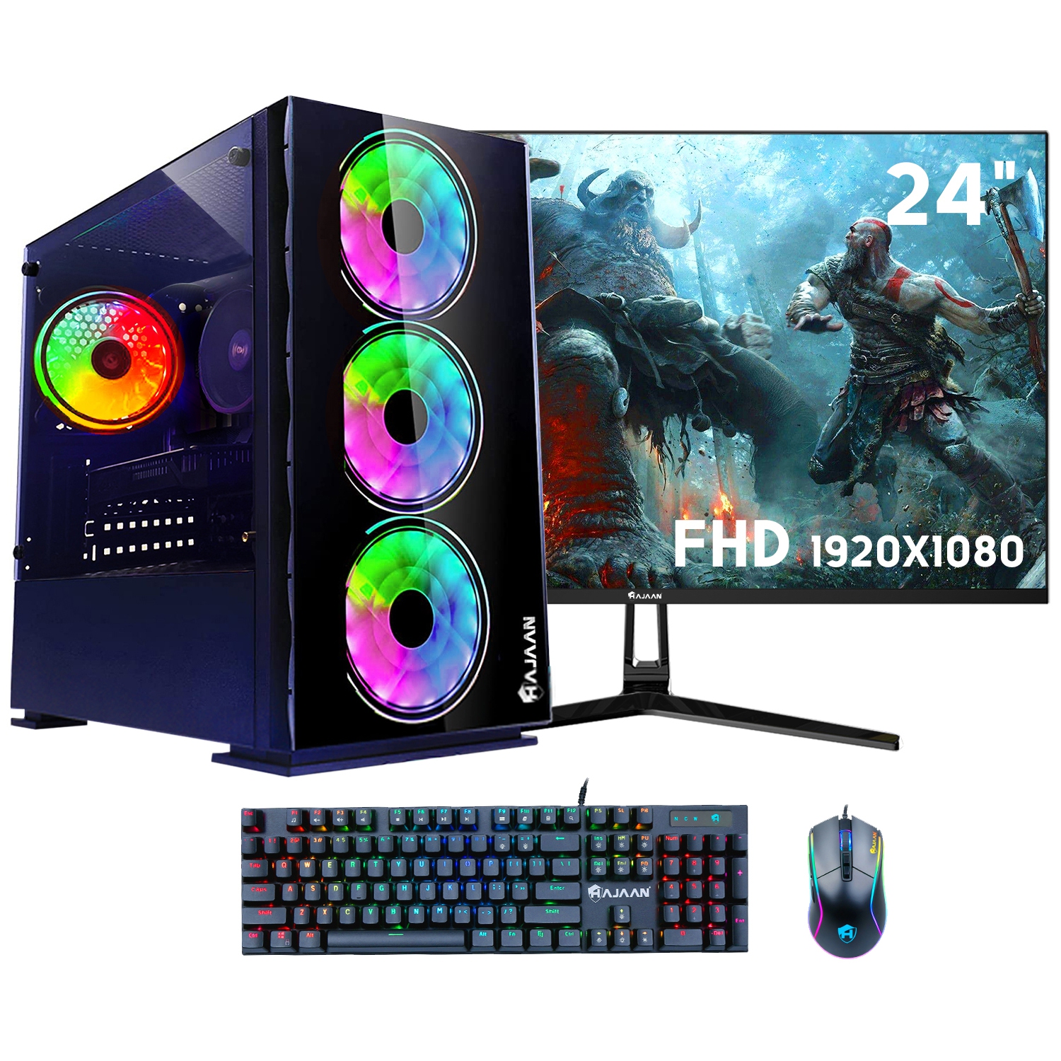 HAJAAN Gaming PC Desktop Tower - AMD Ryzen 7 5700X, RTX 3050 6GB GDDR6, 32GB DDR4 RAM, 1TB NVMe M.2 SSD, 24" Inch Curve Gaming Monitor, Windows 11 Pro, WiFi - Black