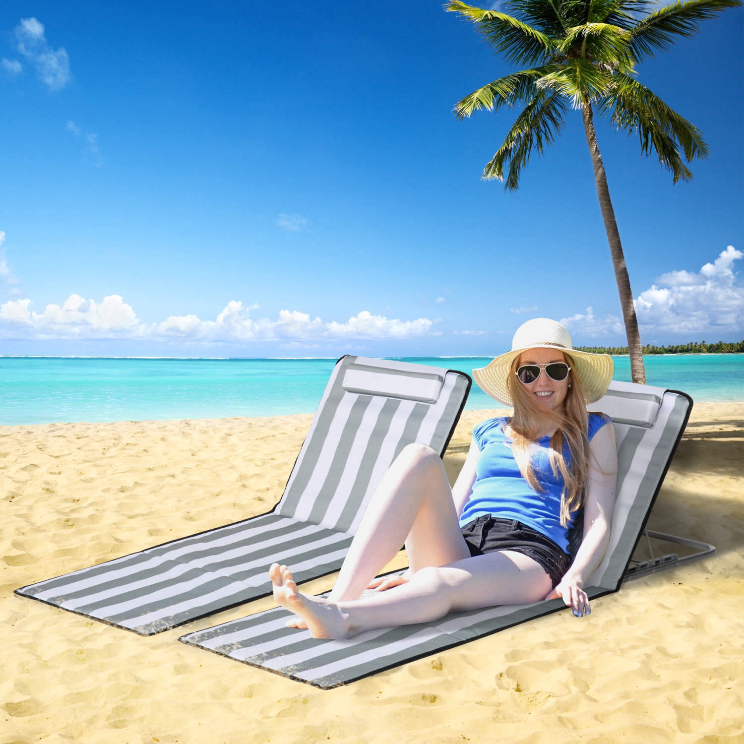 Outsunny 2 Pieces Outdoor Beach Lounge Chair, Patio Steel Folding Chaise Lounge Set w/ Pillow for Sunbath, Snap, Light Grey and White