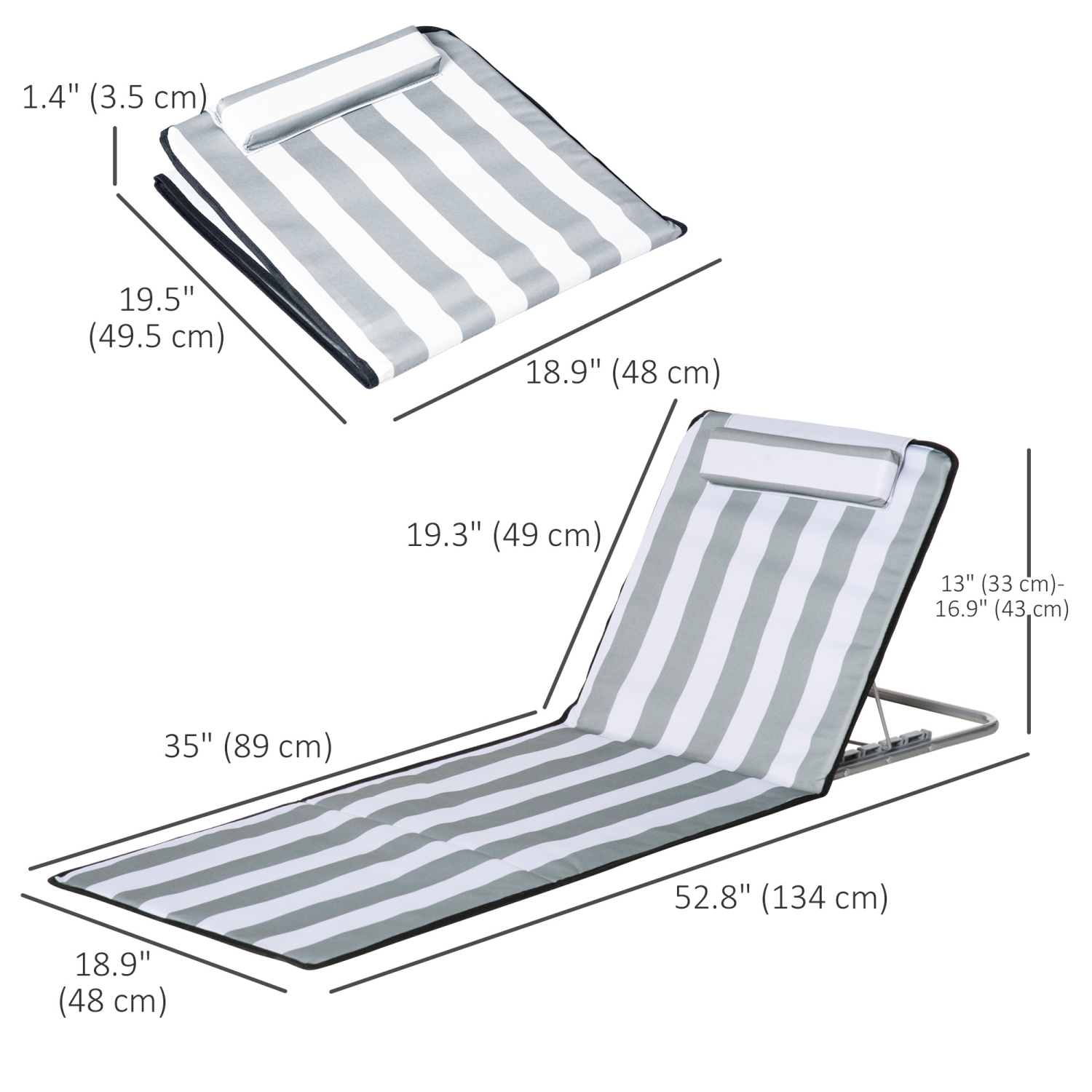 Outsunny 2 Pieces Outdoor Beach Lounge Chair, Patio Steel Folding Chaise Lounge Set w/ Pillow for Sunbath, Snap, Light Grey and White