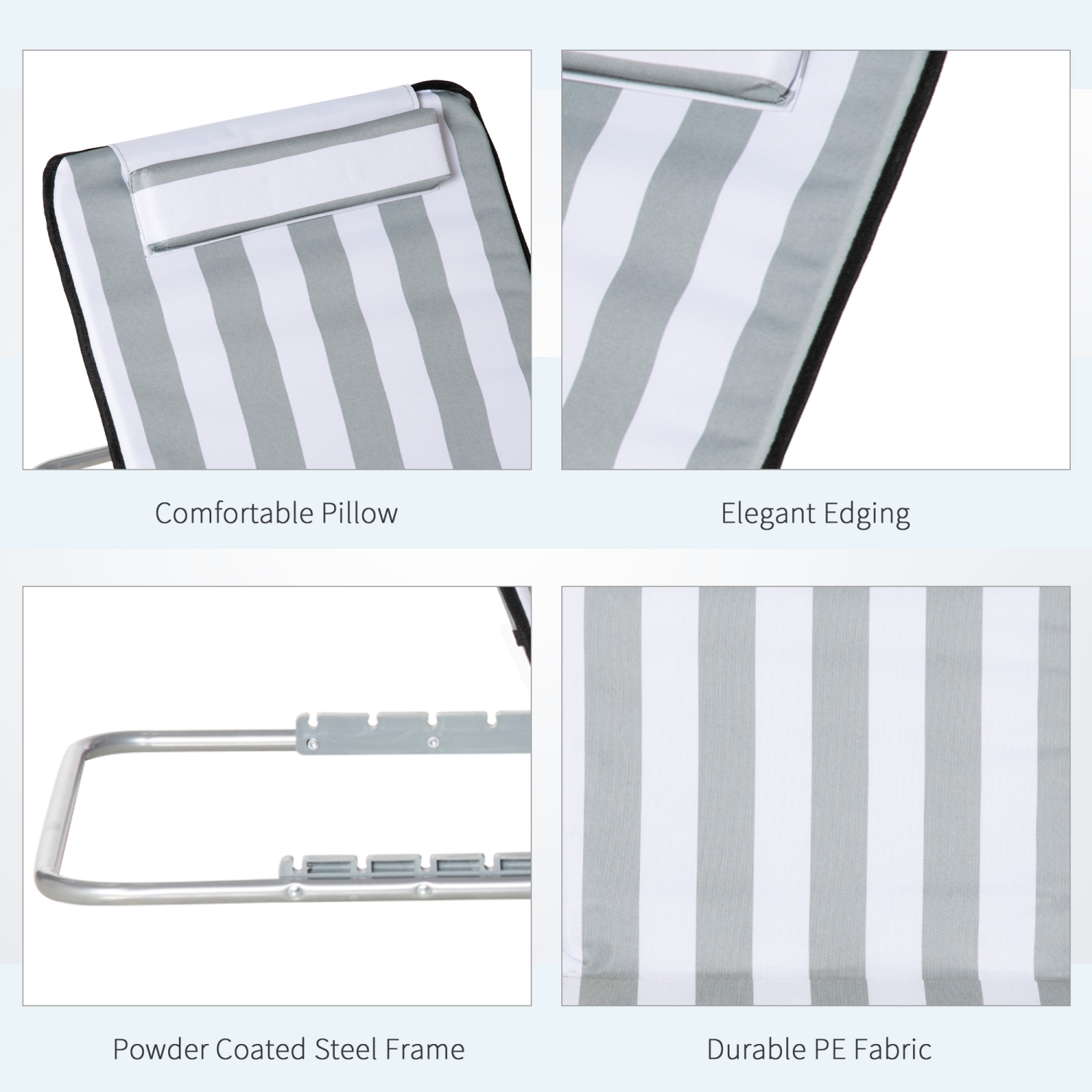 Outsunny 2 Pieces Outdoor Beach Lounge Chair, Patio Steel Folding Chaise Lounge Set w/ Pillow for Sunbath, Snap, Light Grey and White