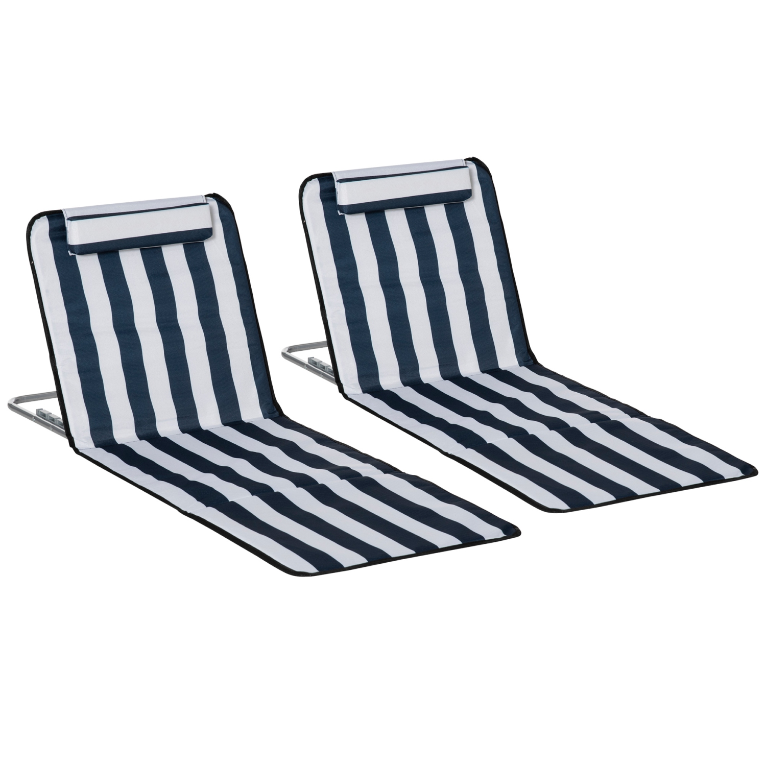 Outsunny 2 Pieces Outdoor Beach Lounge Chair, Patio Steel Folding Chaise Lounge Set w/ Pillow for Sunbath, Snap, Blue and White