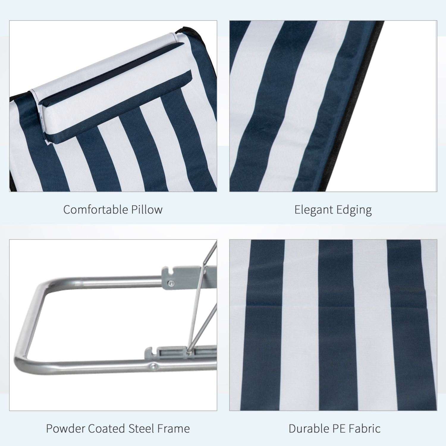 Outsunny 2 Pieces Outdoor Beach Lounge Chair, Patio Steel Folding Chaise Lounge Set w/ Pillow for Sunbath, Snap, Blue and White