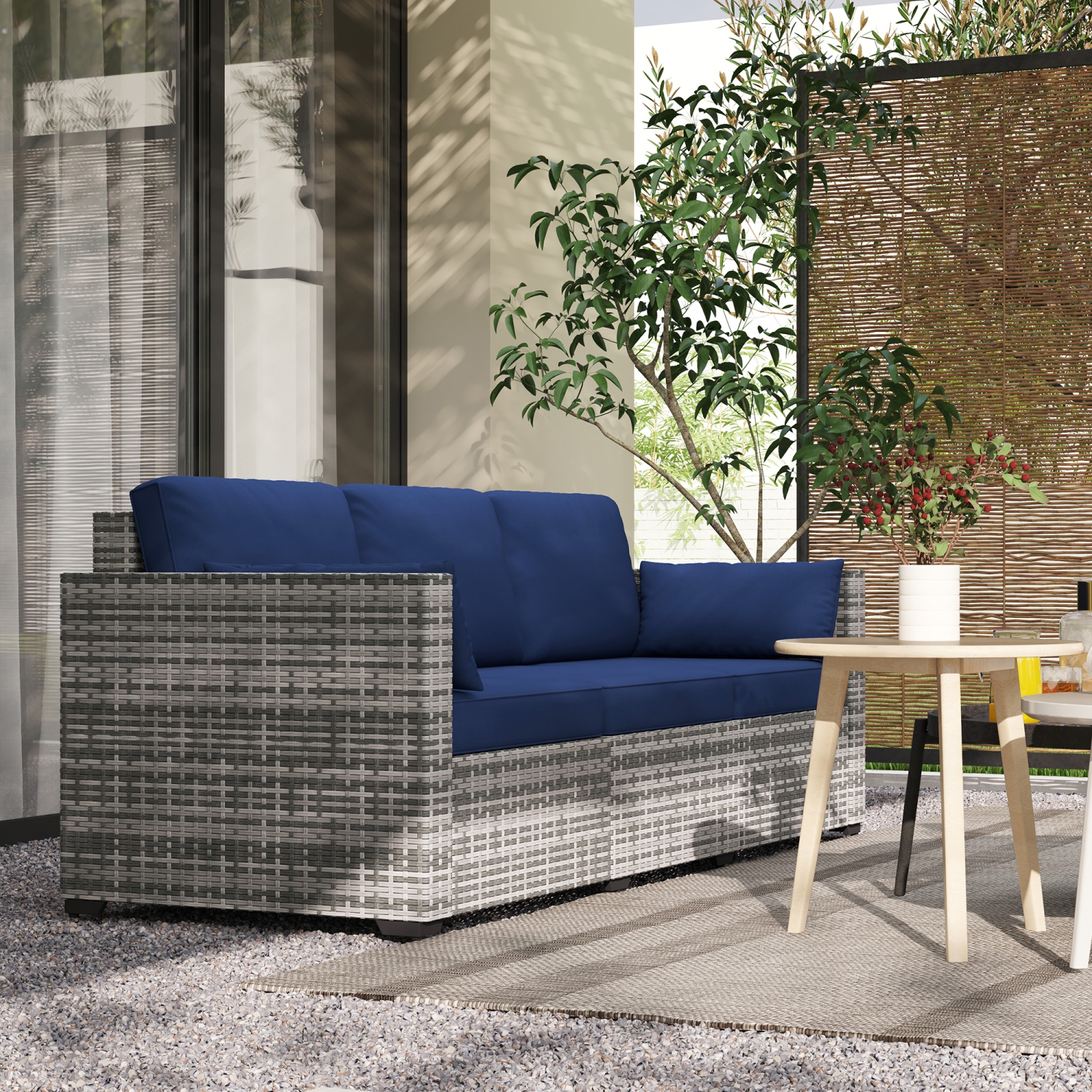 Sofa d'extérieur à trois places Outsunny avec coussins, canapé de patio en osier en rotin de polyéthylène avec coussins pour le jardin, la piscine,