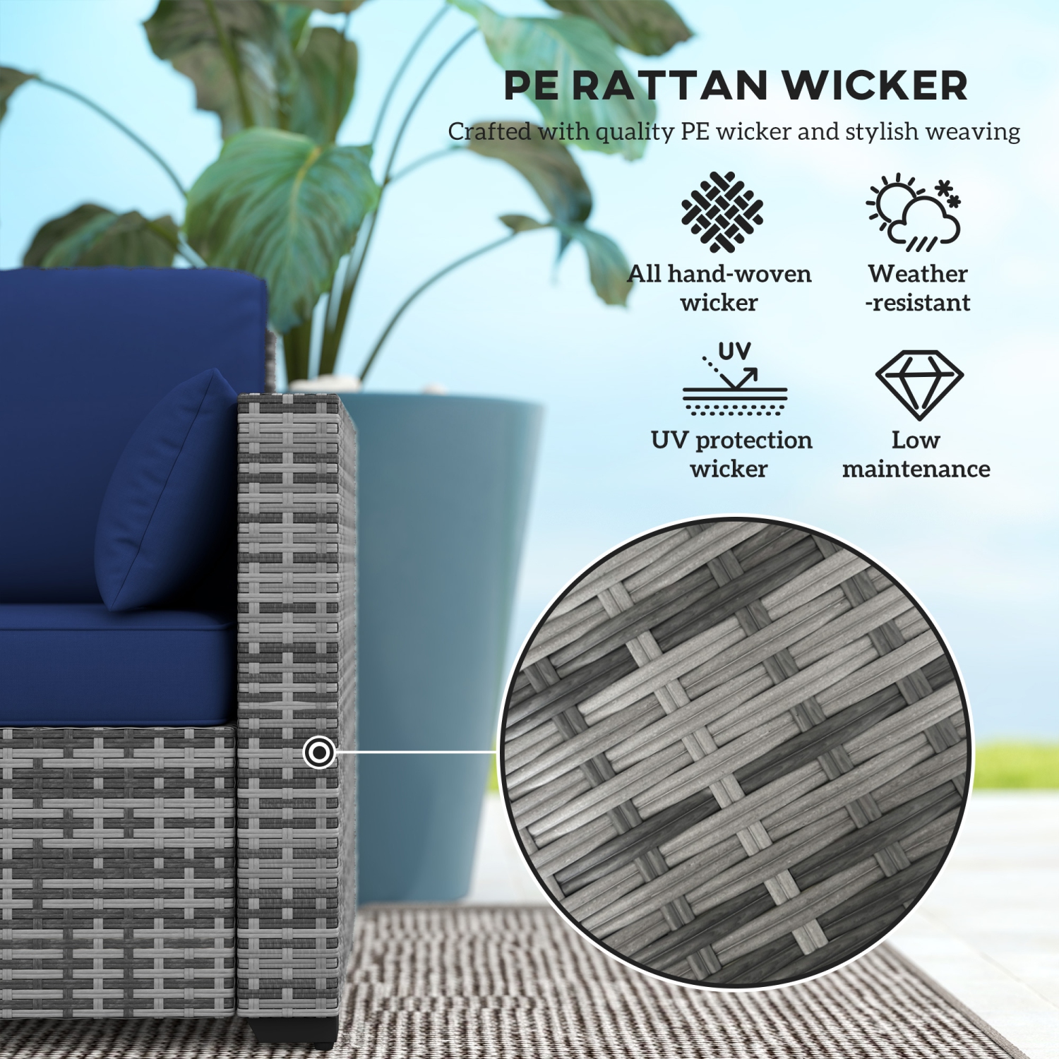 Sofa d'extérieur à trois places Outsunny avec coussins, canapé de patio en osier en rotin de polyéthylène avec coussins pour le jardin, la piscine,