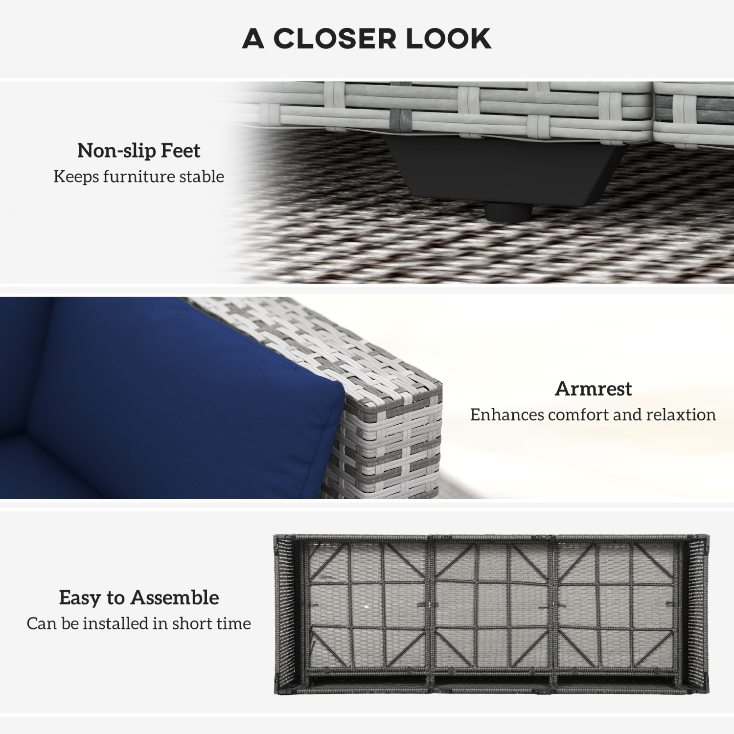 Sofa d'extérieur à trois places Outsunny avec coussins, canapé de patio en osier en rotin de polyéthylène avec coussins pour le jardin, la piscine,