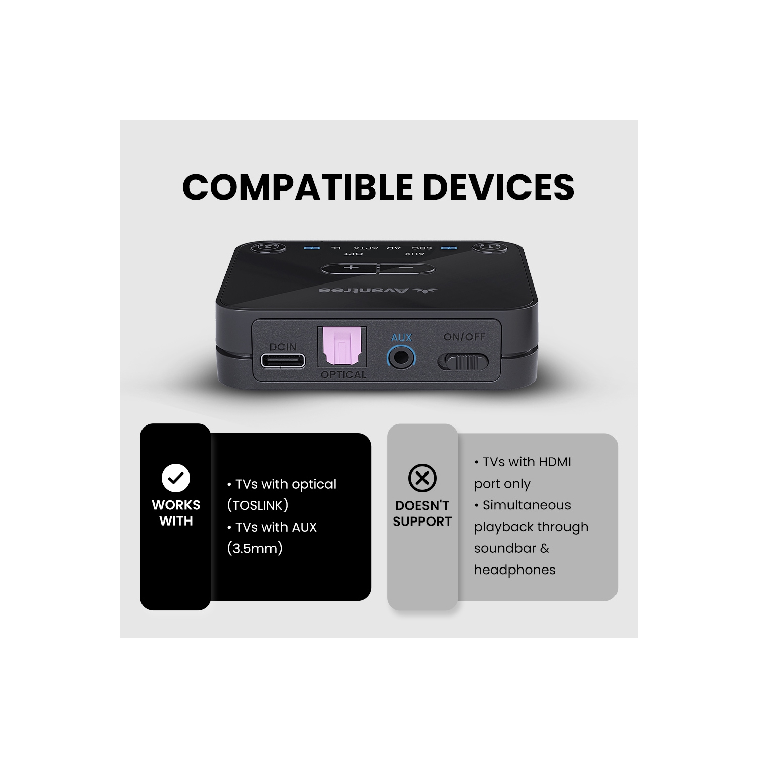 Avantree Audikast 3 – Émetteur Bluetooth 5,3 pour téléviseur avec port de sortie audio optique ou auxiliaire, double liaison pour 2 écouteurs et