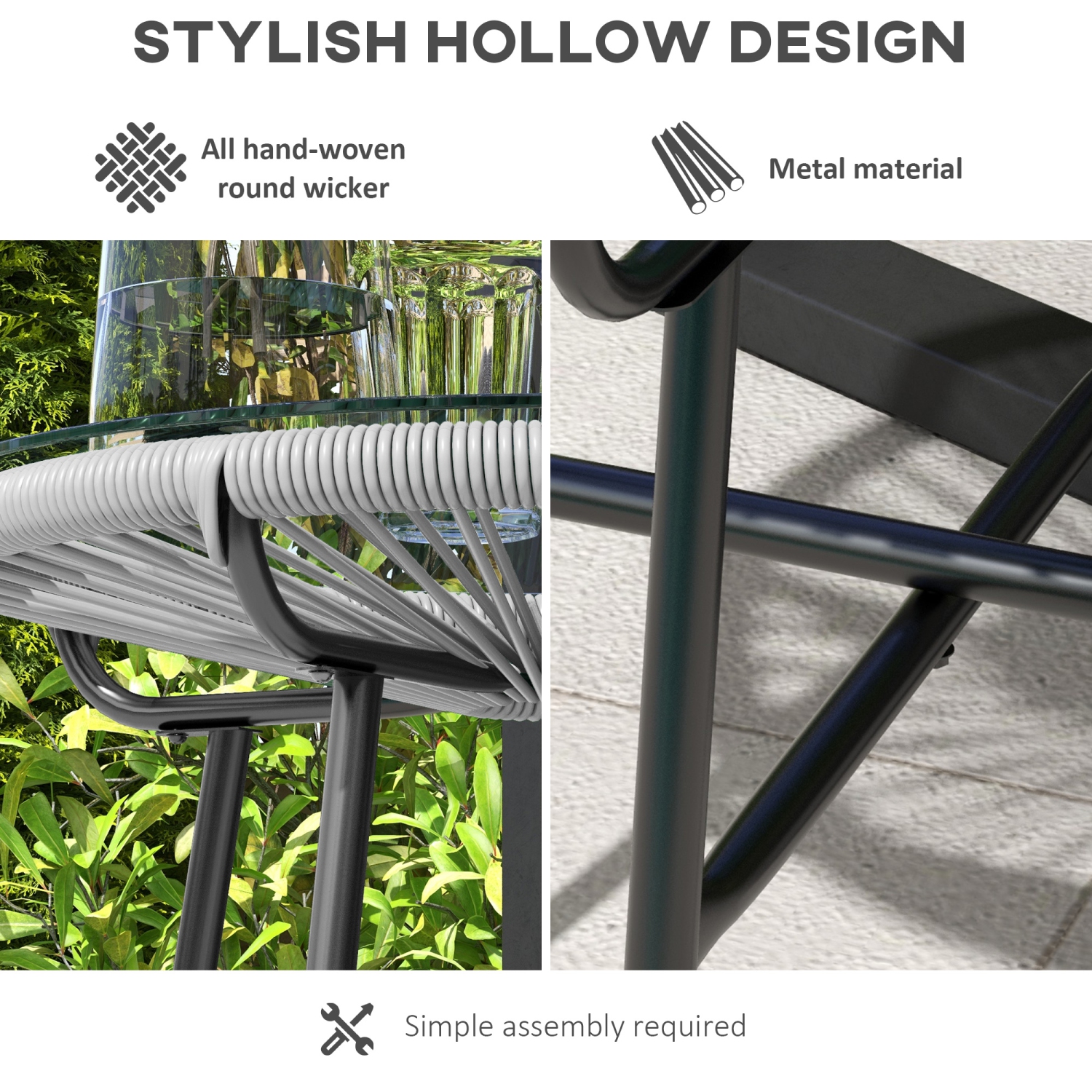 Table d'appoint en rotin Outsunny, table basse ronde d'extérieur en rotin polyéthylène et dessus en verre trempé pour terrasse, jardin, balcon, gris