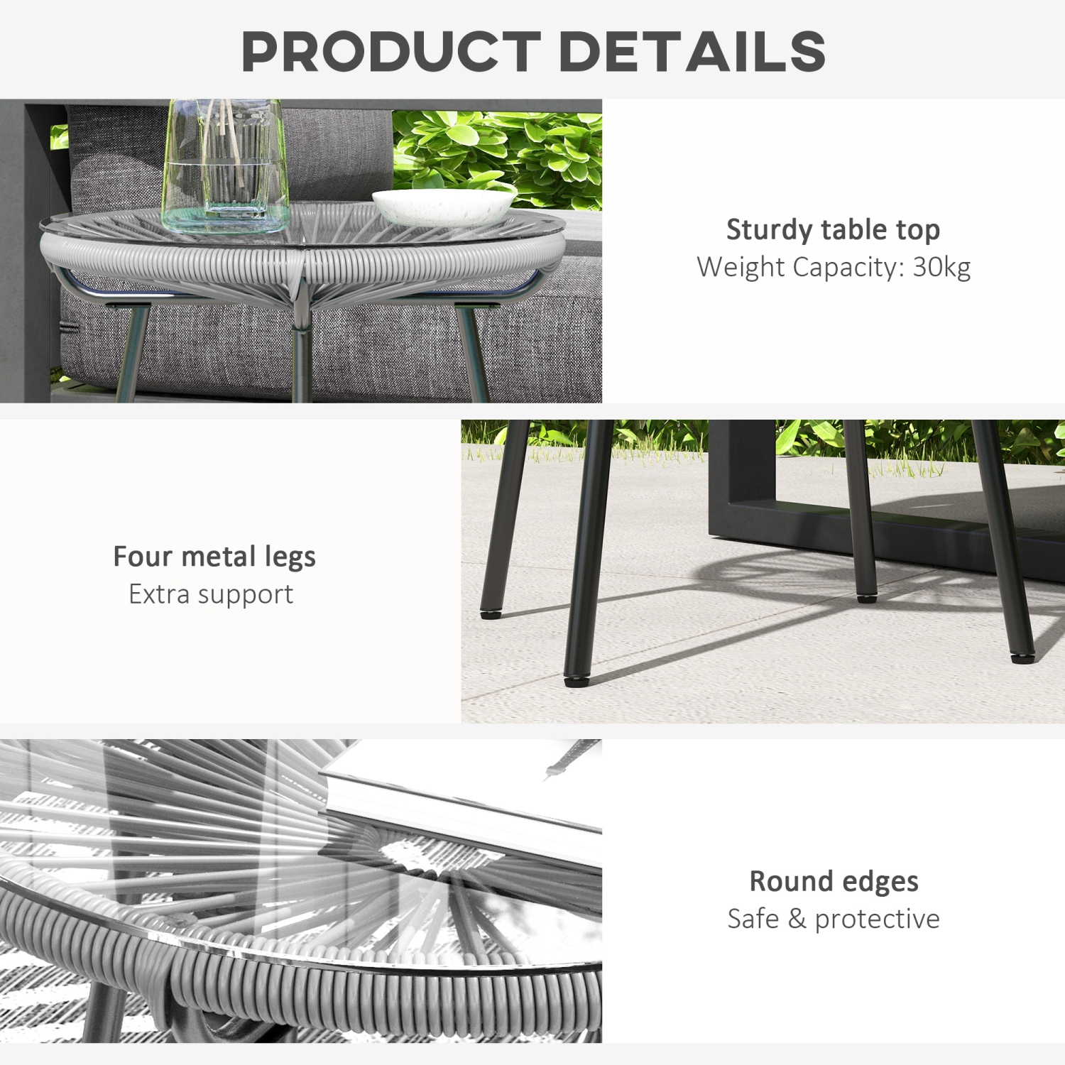 Table d'appoint en rotin Outsunny, table basse ronde d'extérieur en rotin polyéthylène et dessus en verre trempé pour terrasse, jardin, balcon, gris