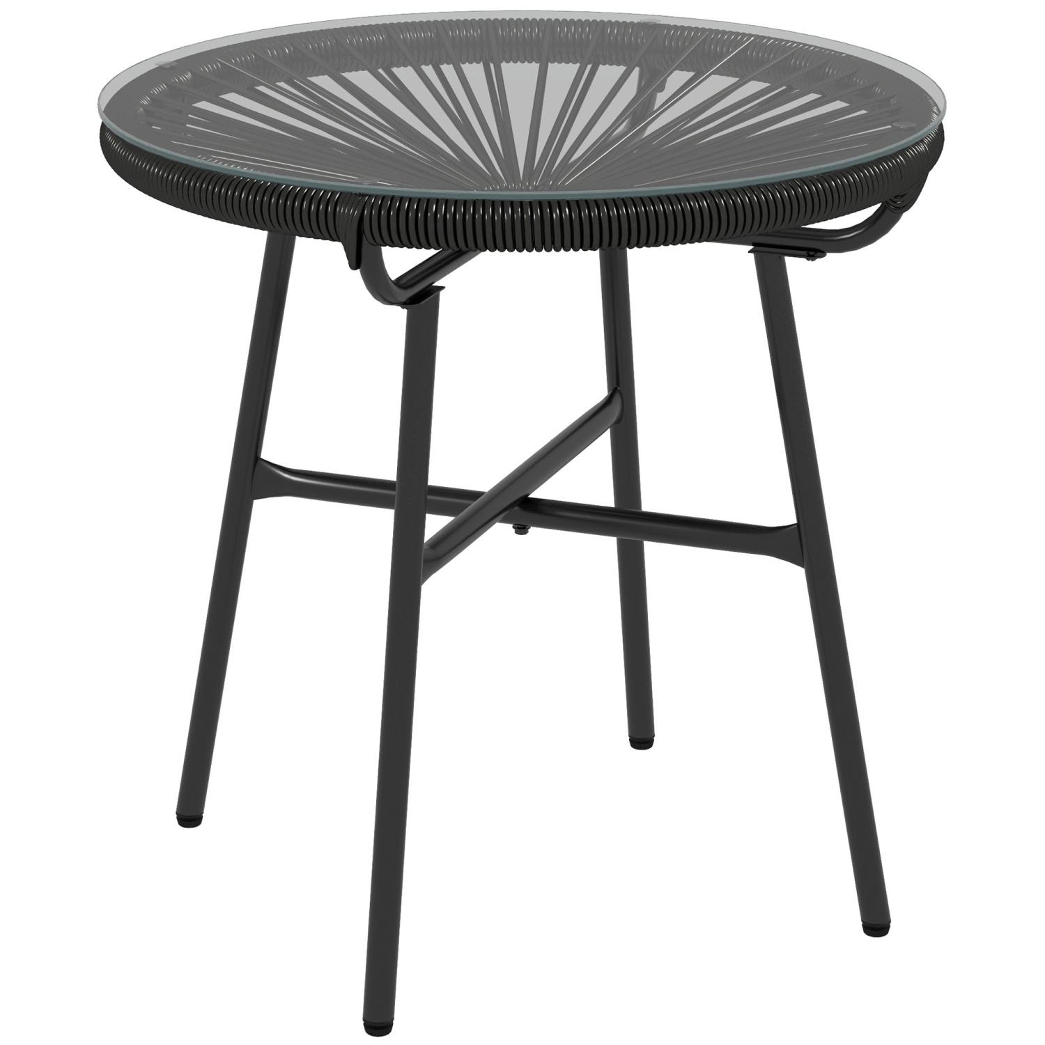 Table d'appoint en rotin Outsunny, table basse ronde d'extérieur en rotin polyéthylène et dessus en verre trempé pour terrasse, jardin, balcon, noir