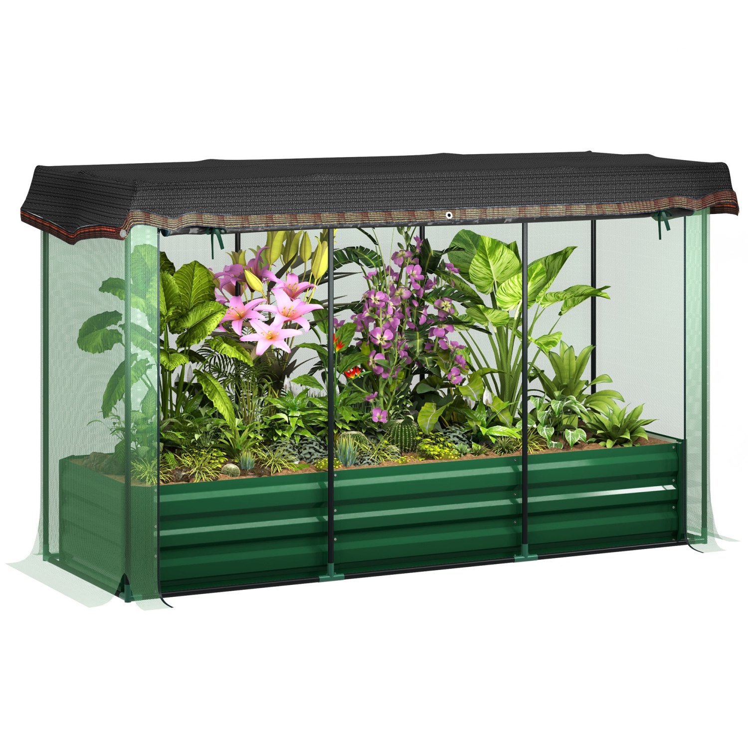 Lit de jardin surélevé galvanisé Outsunny avec filet de protection des plantes à cage et abat-jour, jardinière en métal avec couvercle, pour légumes,