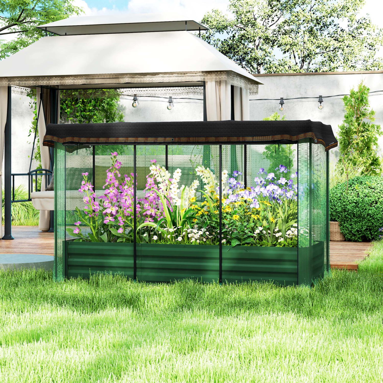 Lit de jardin surélevé galvanisé Outsunny avec filet de protection des plantes à cage et abat-jour, jardinière en métal avec couvercle, pour légumes,