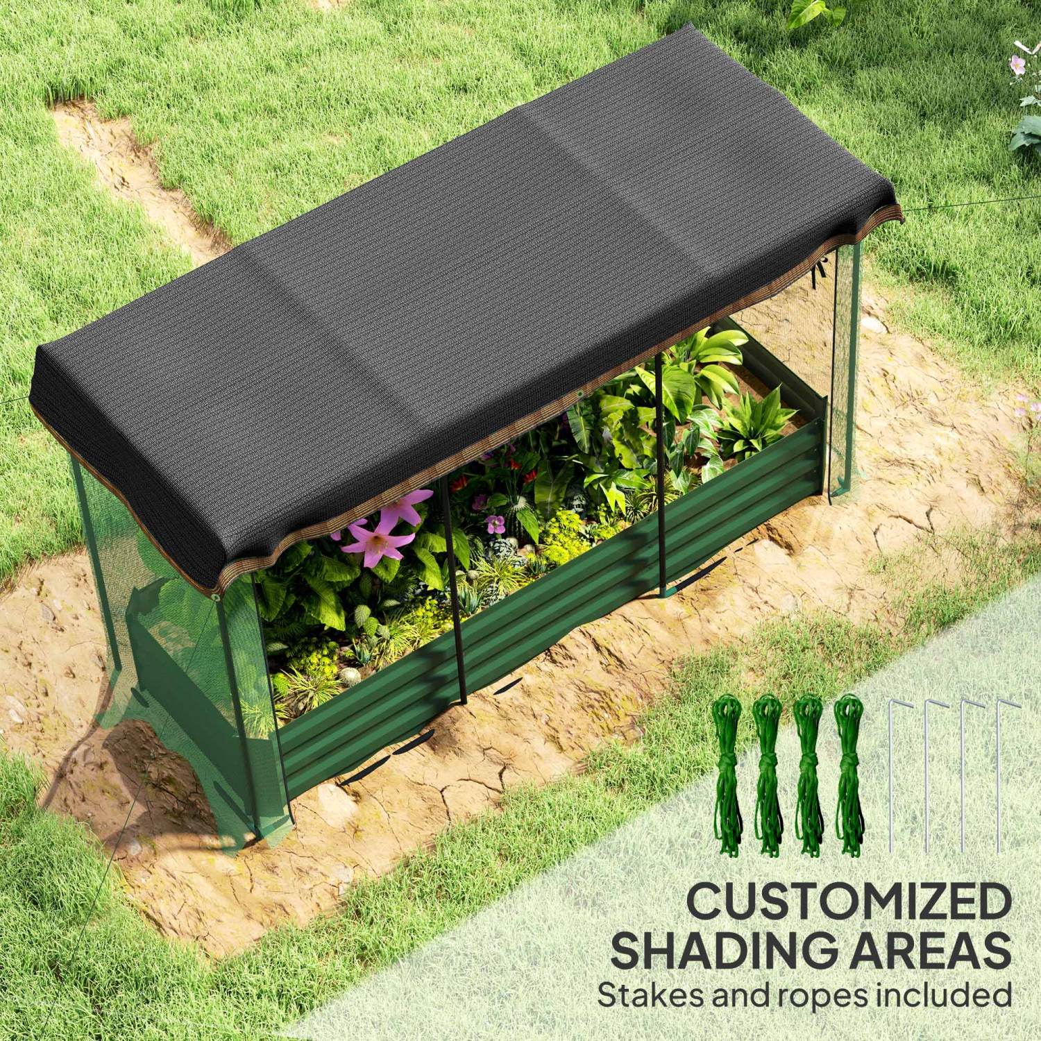 Lit de jardin surélevé galvanisé Outsunny avec filet de protection des plantes à cage et abat-jour, jardinière en métal avec couvercle, pour légumes,