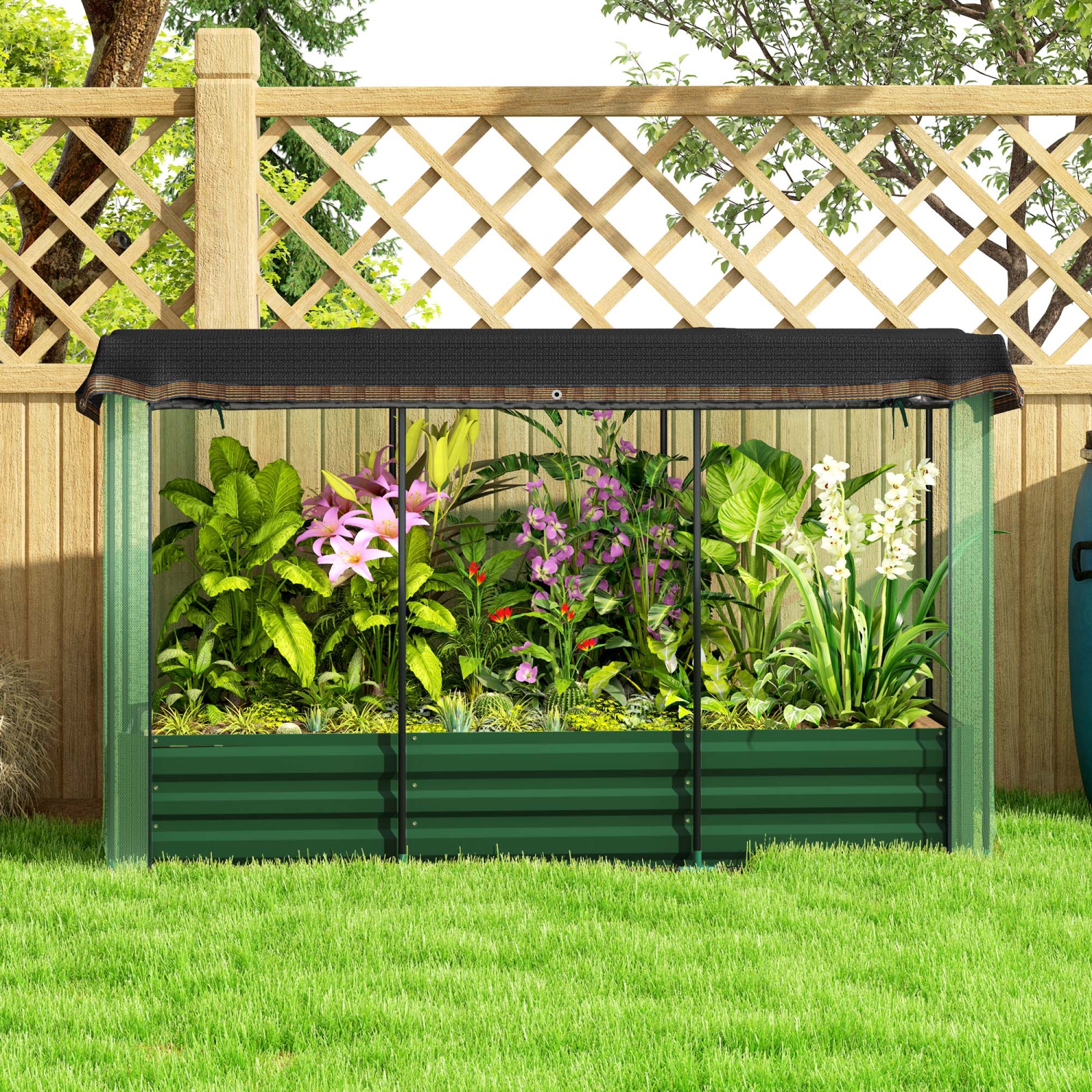 Lit de jardin surélevé galvanisé Outsunny avec filet de protection des plantes à cage et abat-jour, jardinière en métal avec couvercle, pour légumes,