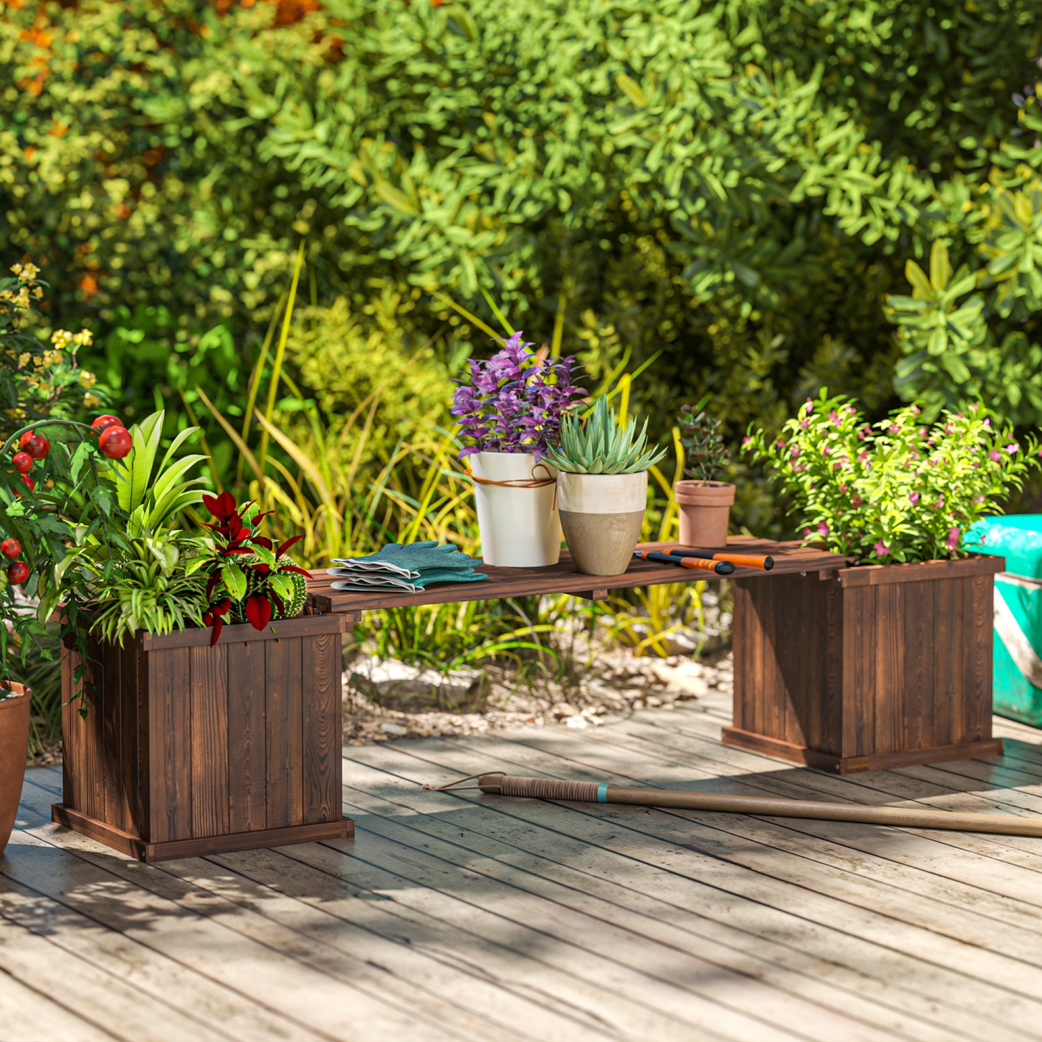 Outsunny Raised Garden Bed, 69.25" x 15" x 15.75" Plant Stand Wooden Garden Planter & Bench Combination Garden Raised Bed for Patio Park, Carbonized