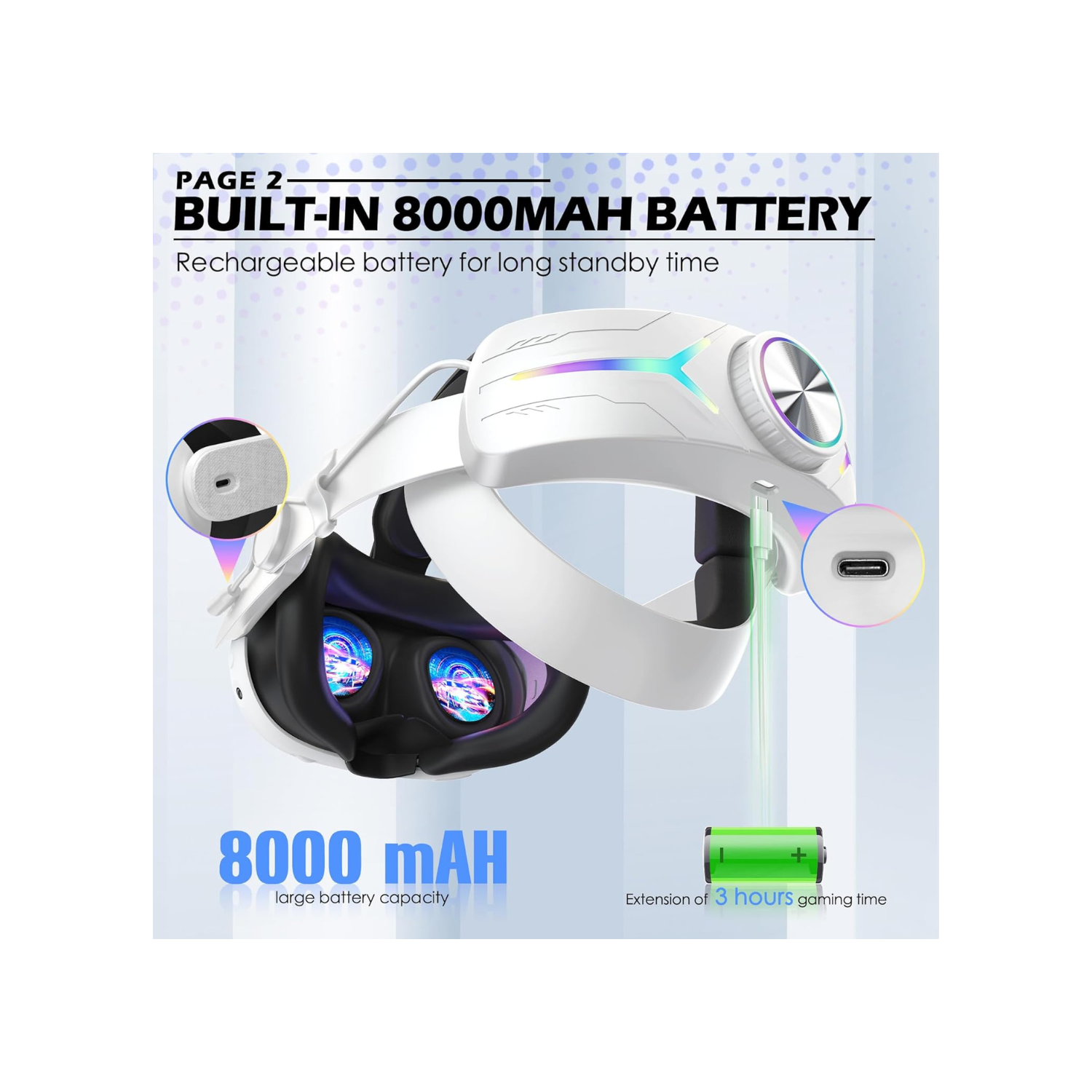 Head Strap Compatible for Quest 3S/Quest 3, with 8000mAh Battery Pack Extend Gaming Time Colorful RGB Lights Adjustable Elite Strap Replace