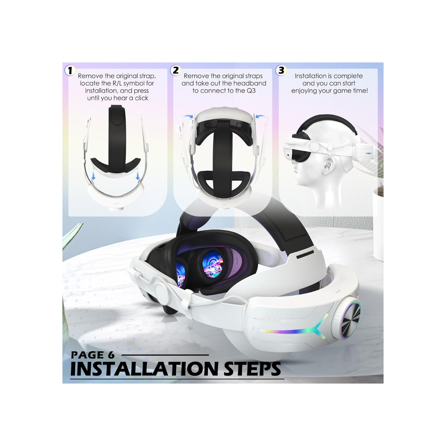 Head Strap Compatible for Quest 3S/Quest 3, with 8000mAh Battery Pack Extend Gaming Time Colorful RGB Lights Adjustable Elite Strap Replace