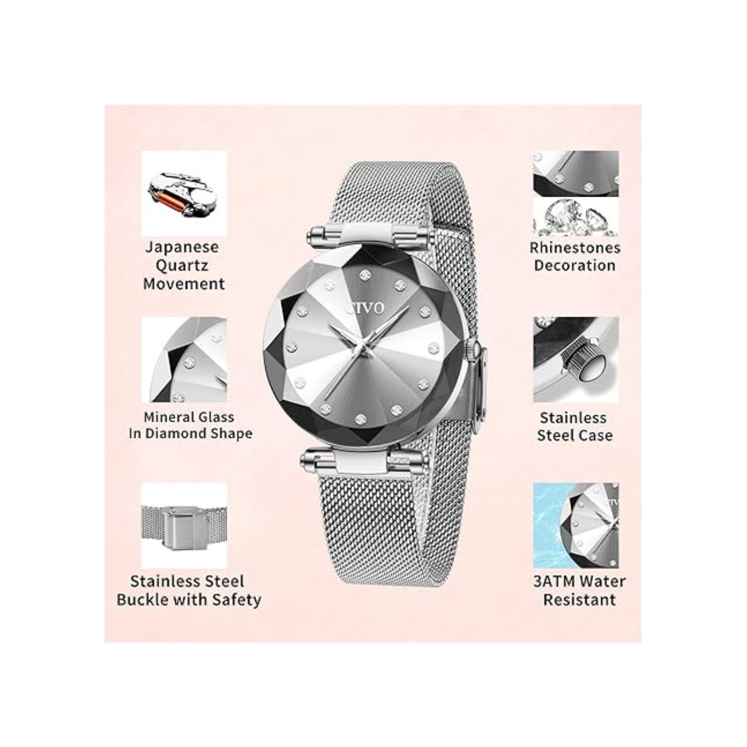 Womens Watch, Waterproof Ladies Watch, Analog Quartz Wrist Watches for Women Stainless Steel Mesh Strap Elegant Dress Designer Womens Watches Diamond
