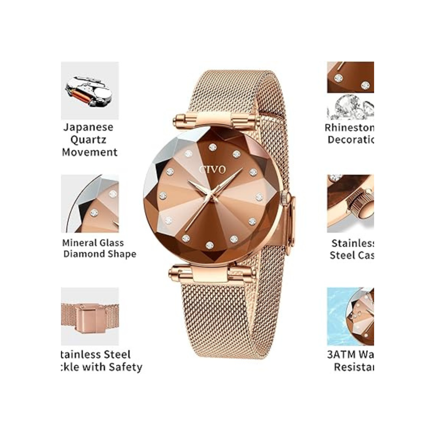 Womens Watch, Waterproof Ladies Watch, Analog Quartz Wrist Watches for Women Stainless Steel Mesh Strap Elegant Dress Designer Womens Watches Diamond