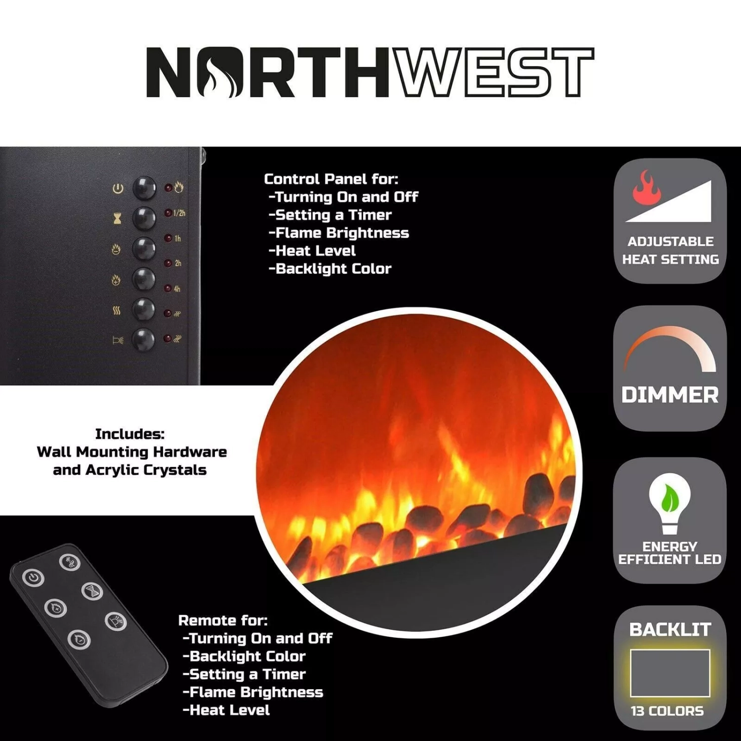Wall-Mounted Electric Fireplace with Adjustable Heat, Remote Control, Backlight Colors, and Timer