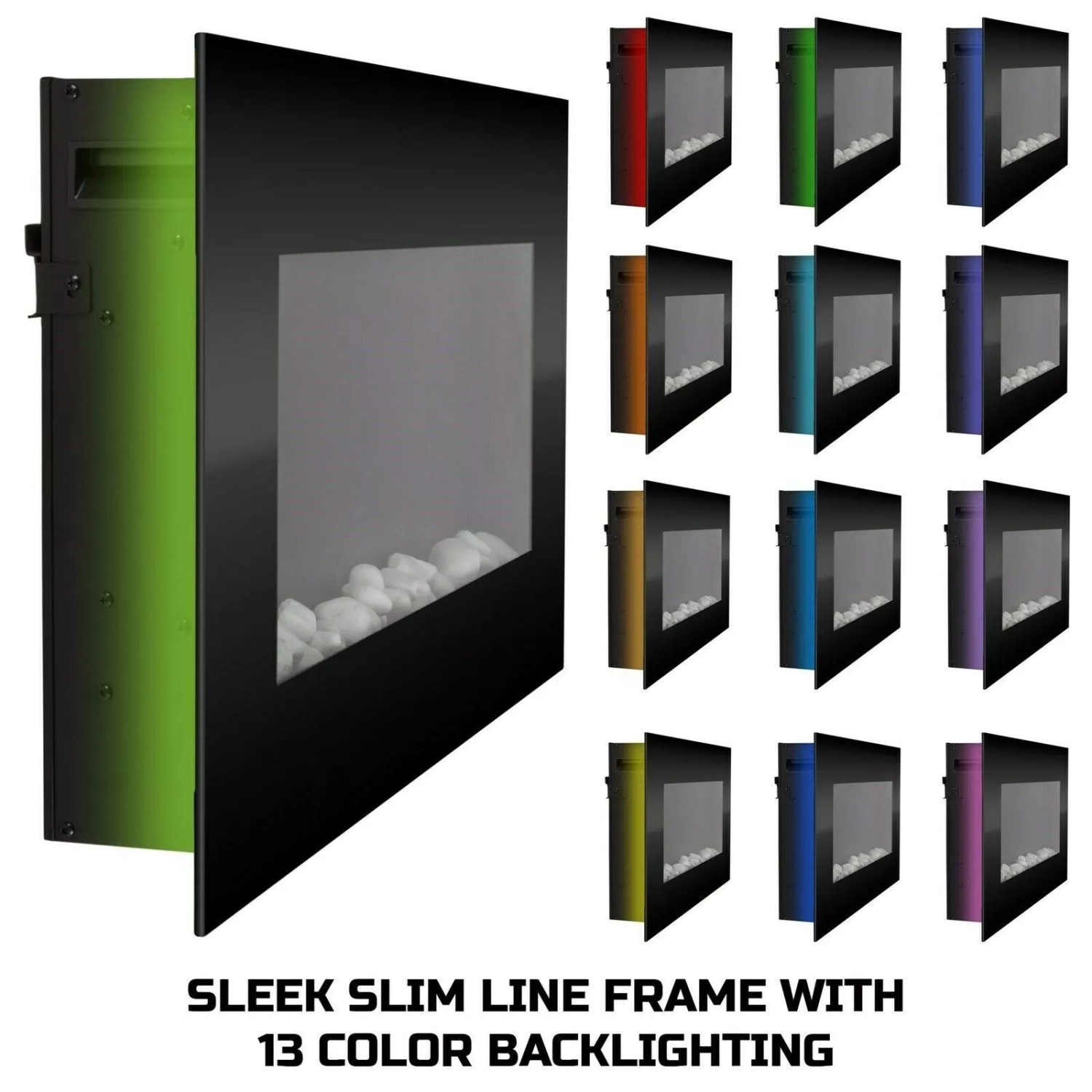 Wall-Mounted Electric Fireplace with Adjustable Heat, Remote Control, Backlight Colors, and Timer