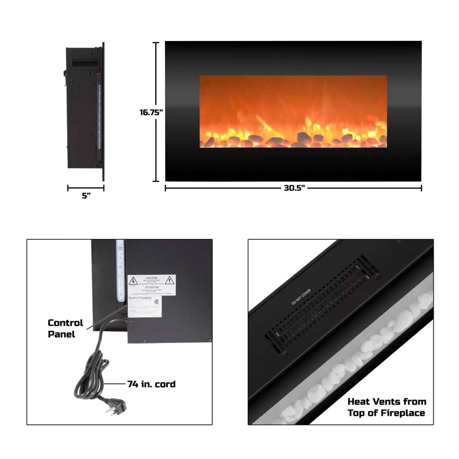 Wall-Mounted Electric Fireplace with Adjustable Heat, Remote Control, Backlight Colors, and Timer