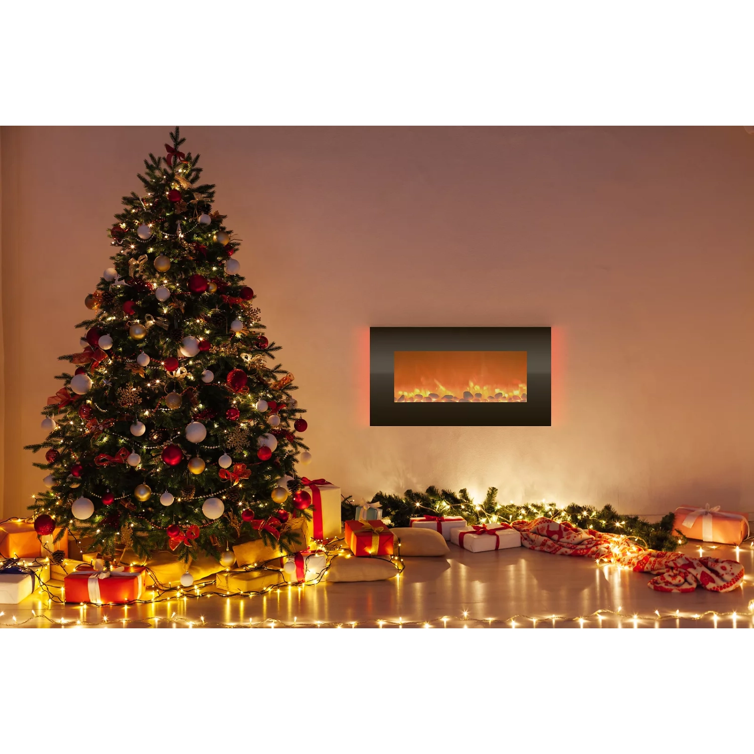 Wall-Mounted Electric Fireplace with Adjustable Heat, Remote Control, Backlight Colors, and Timer