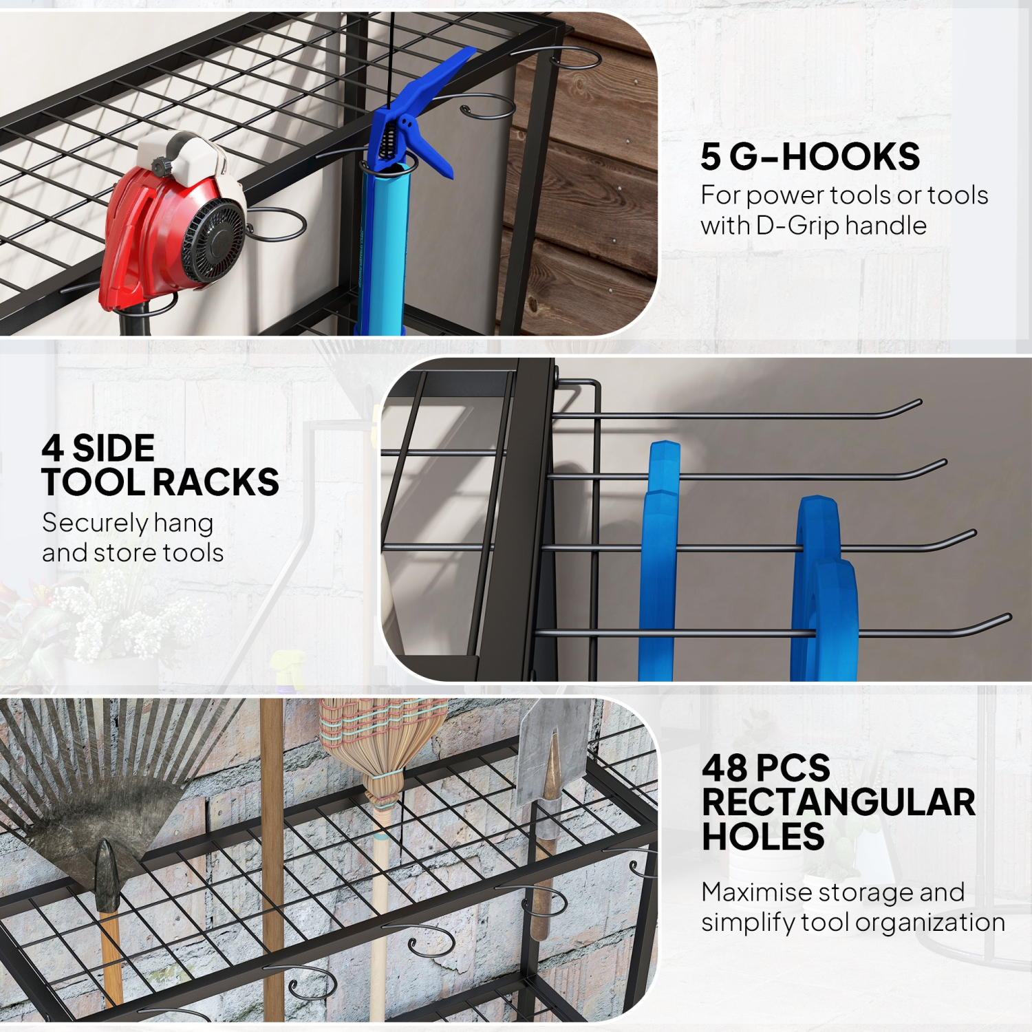 Outsunny Garden Tool Organizer with Storage Hooks, 3-Tier Yard Tool Tower Rack for Garage Organization, Hold Long-Handled Rakes, Shovel, Broom, Metal