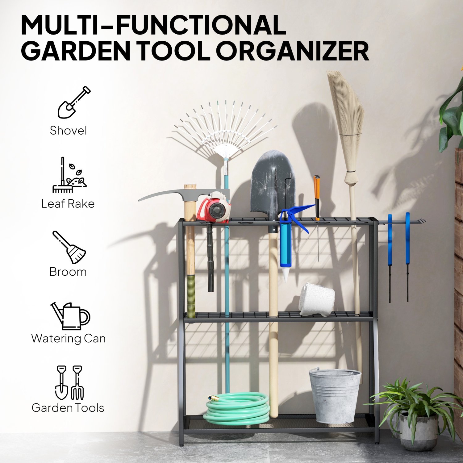 Outsunny Garden Tool Organizer with Storage Hooks, 3-Tier Yard Tool Tower Rack for Garage Organization, Hold Long-Handled Rakes, Shovel, Broom, Metal