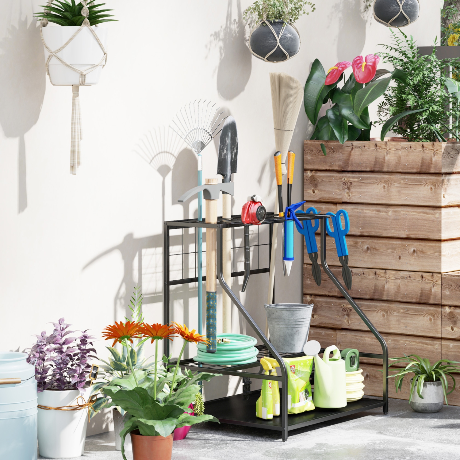 Outsunny Garden Tool Organizer with Storage Hooks, 3-Tier Yard Tool Tower Rack for Garage Organization, Hold Long-Handled Rakes, Shovel, Broom, Metal