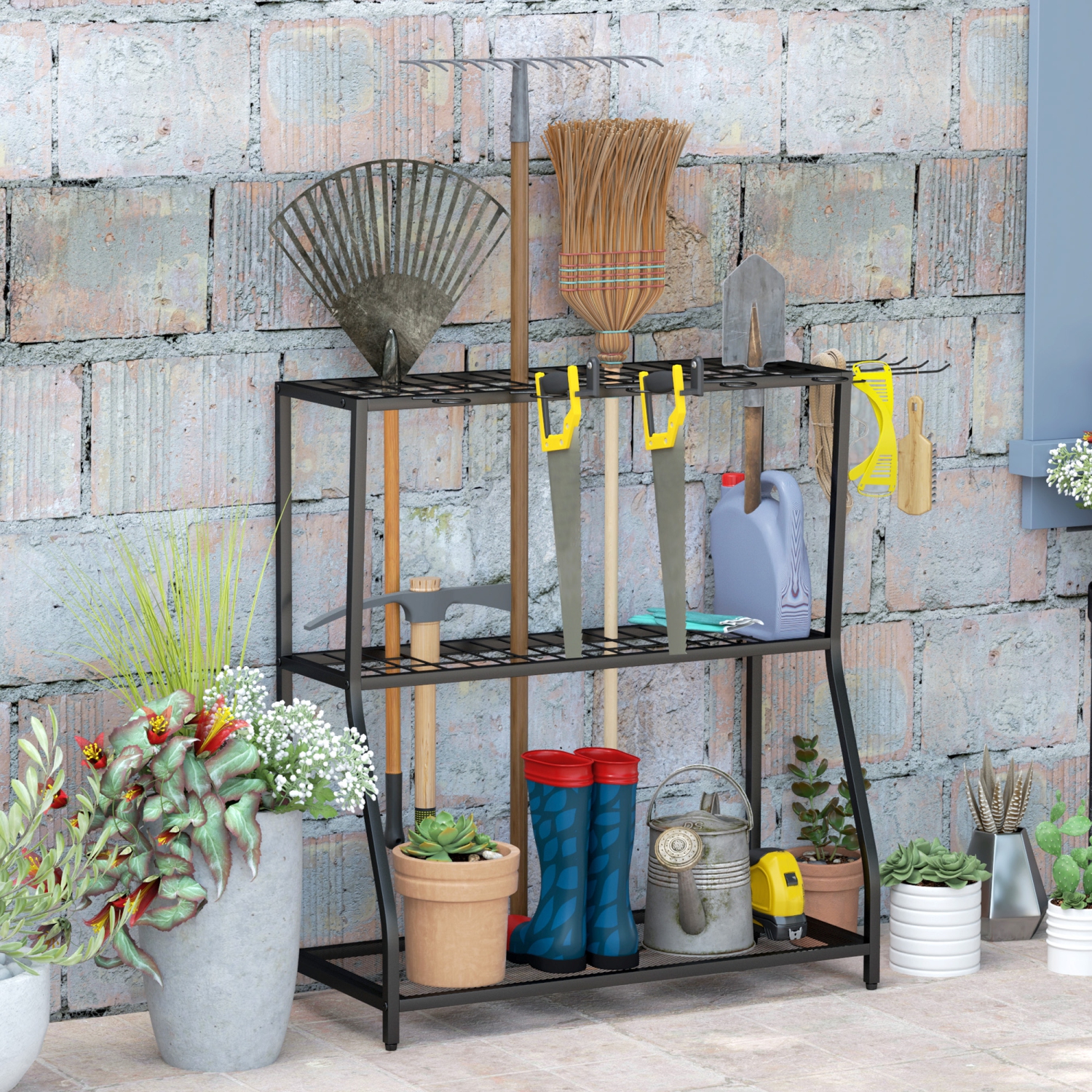 Outsunny Garden Tool Organizer with Storage Hooks, 3-Tier Yard Tool Tower Rack for Garage Organization, Hold Long-Handled Rakes, Shovel, Broom, Metal