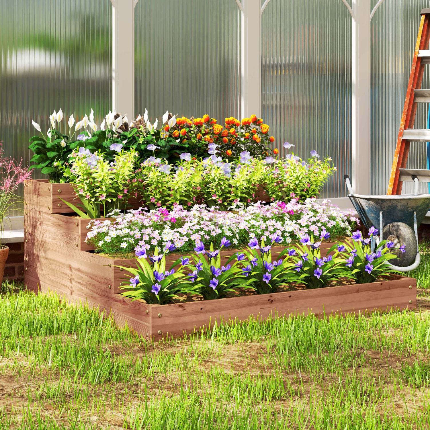 Outsunny – Jardinière surélevée à 4 niveaux, trousse de jardinière surélevée en bois de 45 x 45 x 18 avec doublure, lit floral surélevé pour légumes,