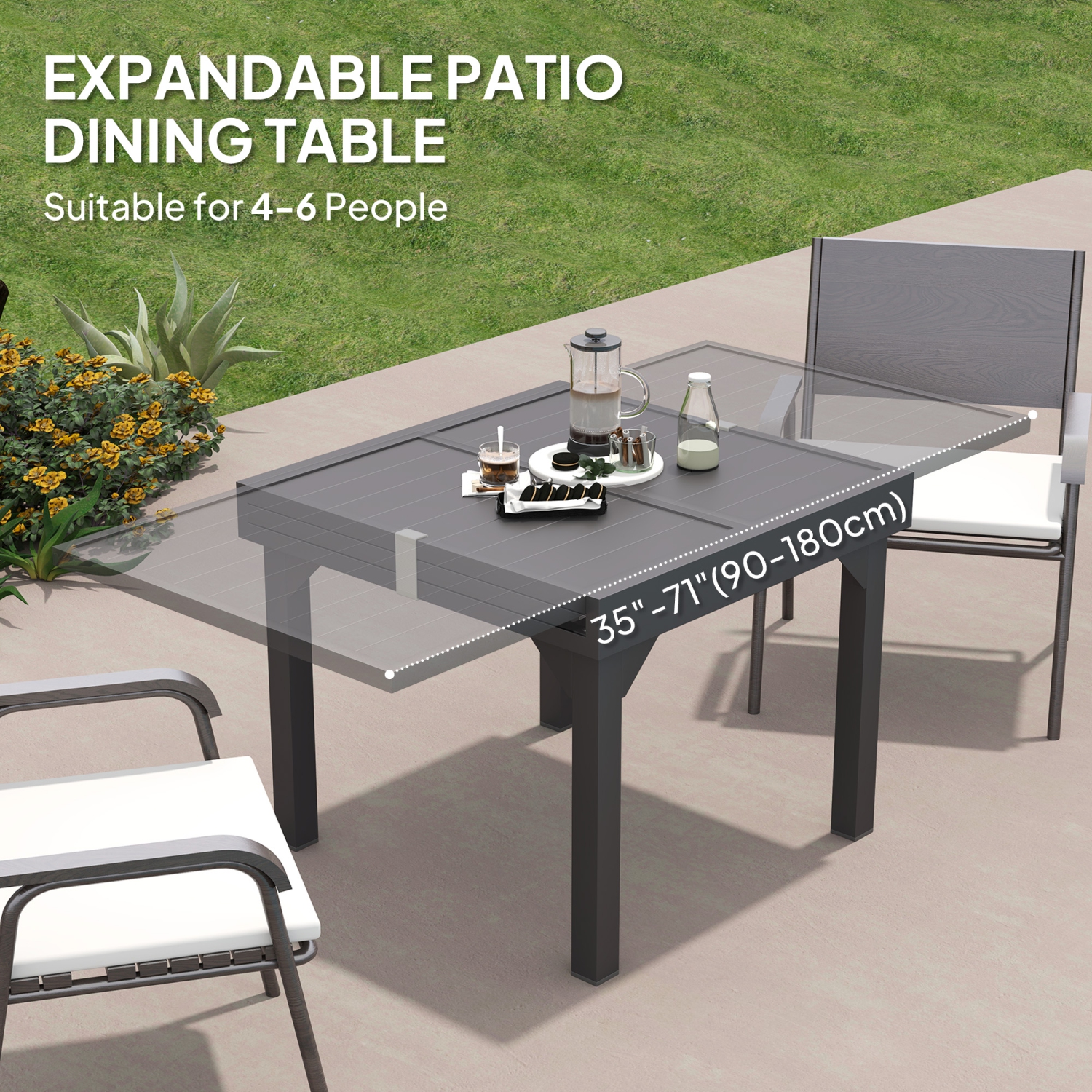 Outsunny – Table de salle à manger d'extérieur extensible en aluminium pour 4-6&nbsp;personnes, table de jardin en métal à lattes de 35 à 71&nbsp;po