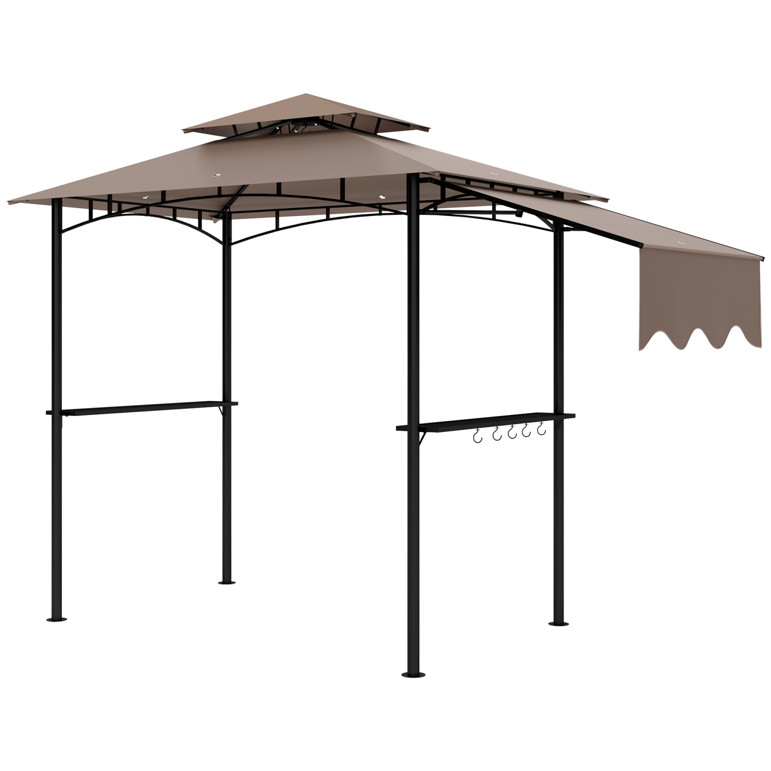 Outsunny 8' x 5' Grill Gazebo, Double Tiered Outdoor BBQ Gazebo with Side Awning, 2 Side Shelves and 6 Hooks, Barbecue Grill Gazebo Shelter for