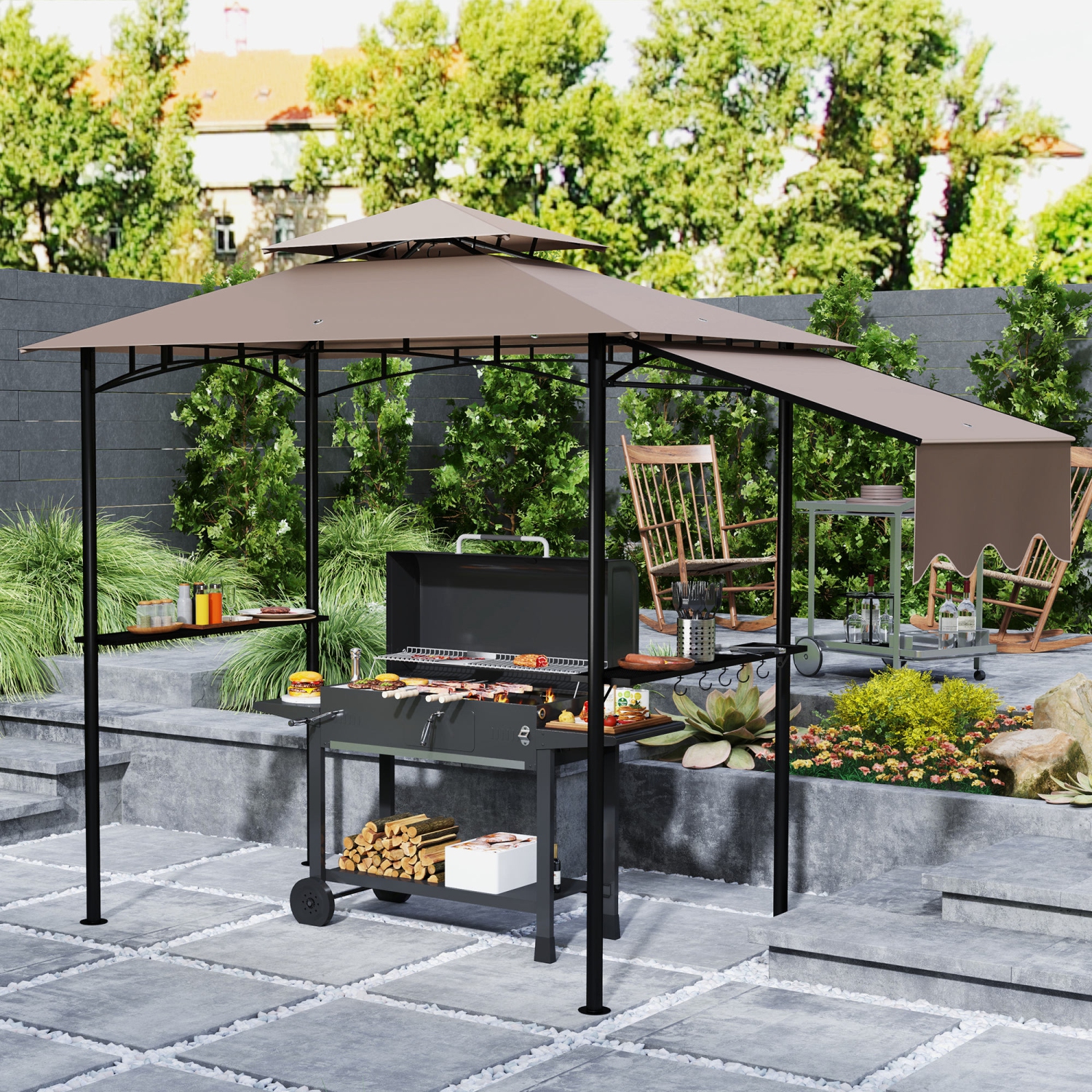 Outsunny 8' x 5' Grill Gazebo, Double Tiered Outdoor BBQ Gazebo with Side Awning, 2 Side Shelves and 6 Hooks, Barbecue Grill Gazebo Shelter for