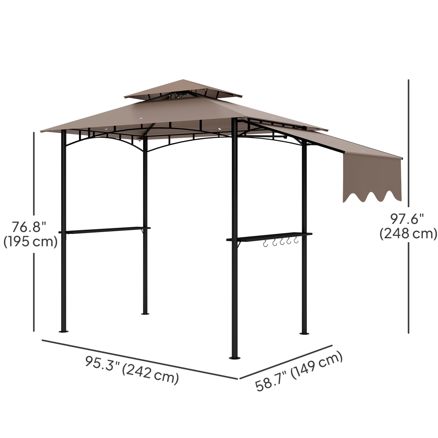 Outsunny 8' x 5' Grill Gazebo, Double Tiered Outdoor BBQ Gazebo with Side Awning, 2 Side Shelves and 6 Hooks, Barbecue Grill Gazebo Shelter for