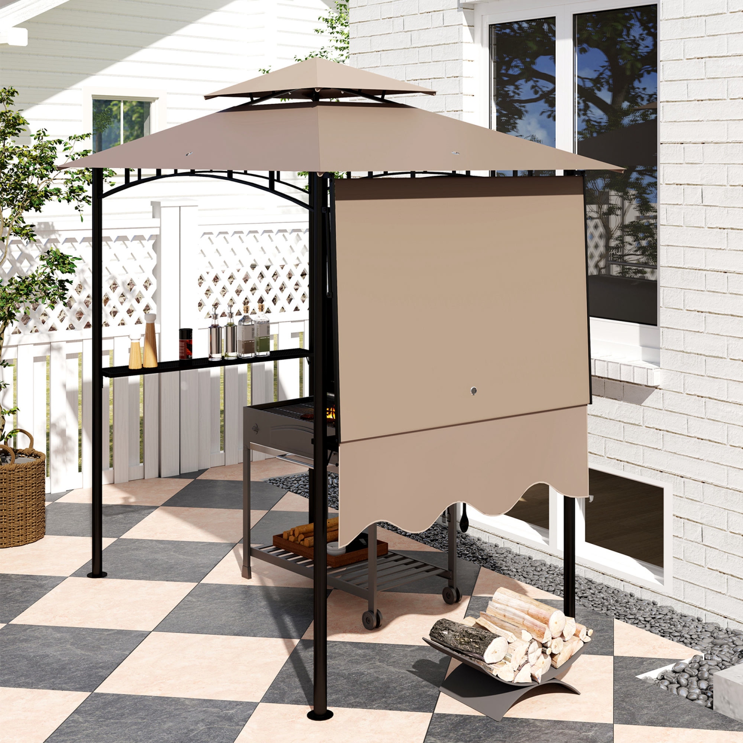 Outsunny 8' x 5' Grill Gazebo, Double Tiered Outdoor BBQ Gazebo with Side Awning, 2 Side Shelves and 6 Hooks, Barbecue Grill Gazebo Shelter for