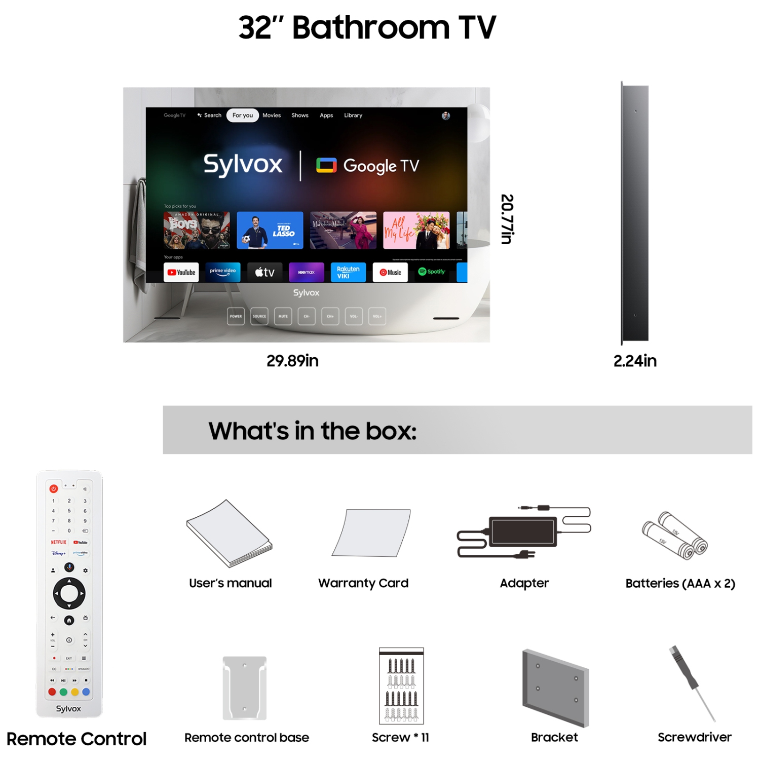 SYLVOX 32 inch Smart Bathroom TV, Newest Magic Mirror TV for Bathroom, Google System NTSC & ATSC Tuner, IP65 Waterproof TV, 1080P 500nits Brightness