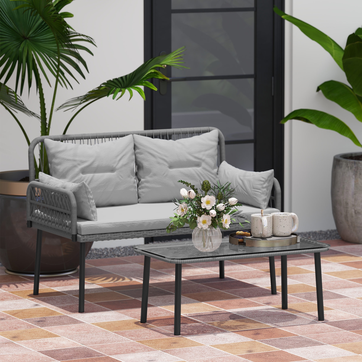 Outsunny 2 Pieces Wicker Patio Furniture Set, Small Patio Set with Outdoor Loveseat, Glass Top Coffee Table, Rattan Outdoor Furniture with Cushions