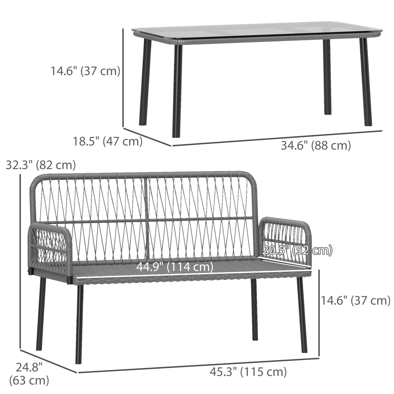 Outsunny 2 Pieces Wicker Patio Furniture Set, Small Patio Set with Outdoor Loveseat, Glass Top Coffee Table, Rattan Outdoor Furniture with Cushions