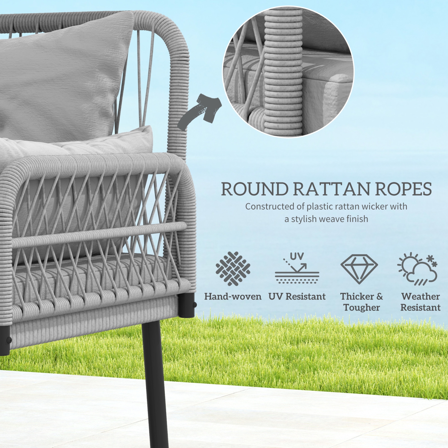 Outsunny 2 Pieces Wicker Patio Furniture Set, Small Patio Set with Outdoor Loveseat, Glass Top Coffee Table, Rattan Outdoor Furniture with Cushions