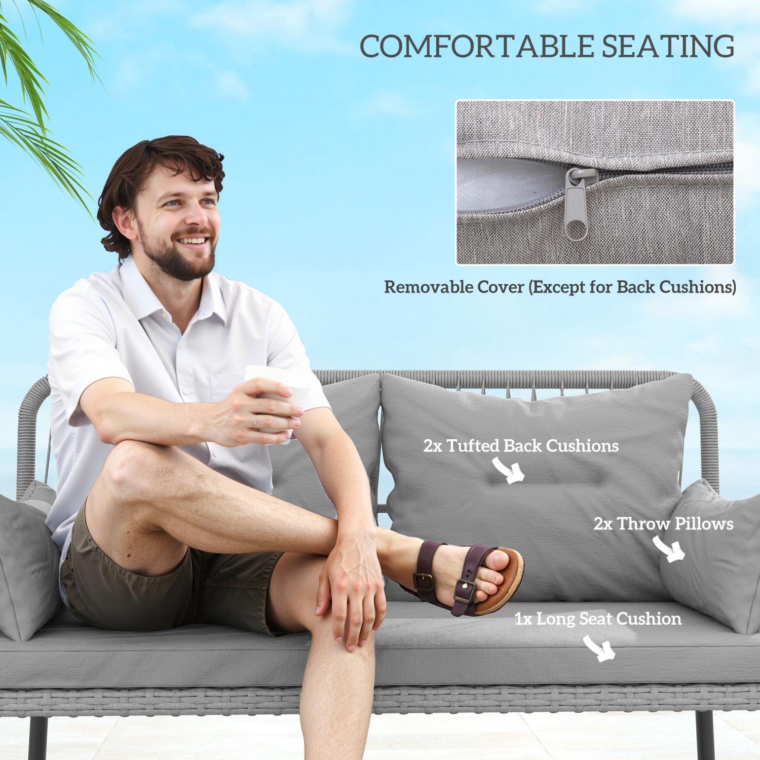 Outsunny 2 Pieces Wicker Patio Furniture Set, Small Patio Set with Outdoor Loveseat, Glass Top Coffee Table, Rattan Outdoor Furniture with Cushions