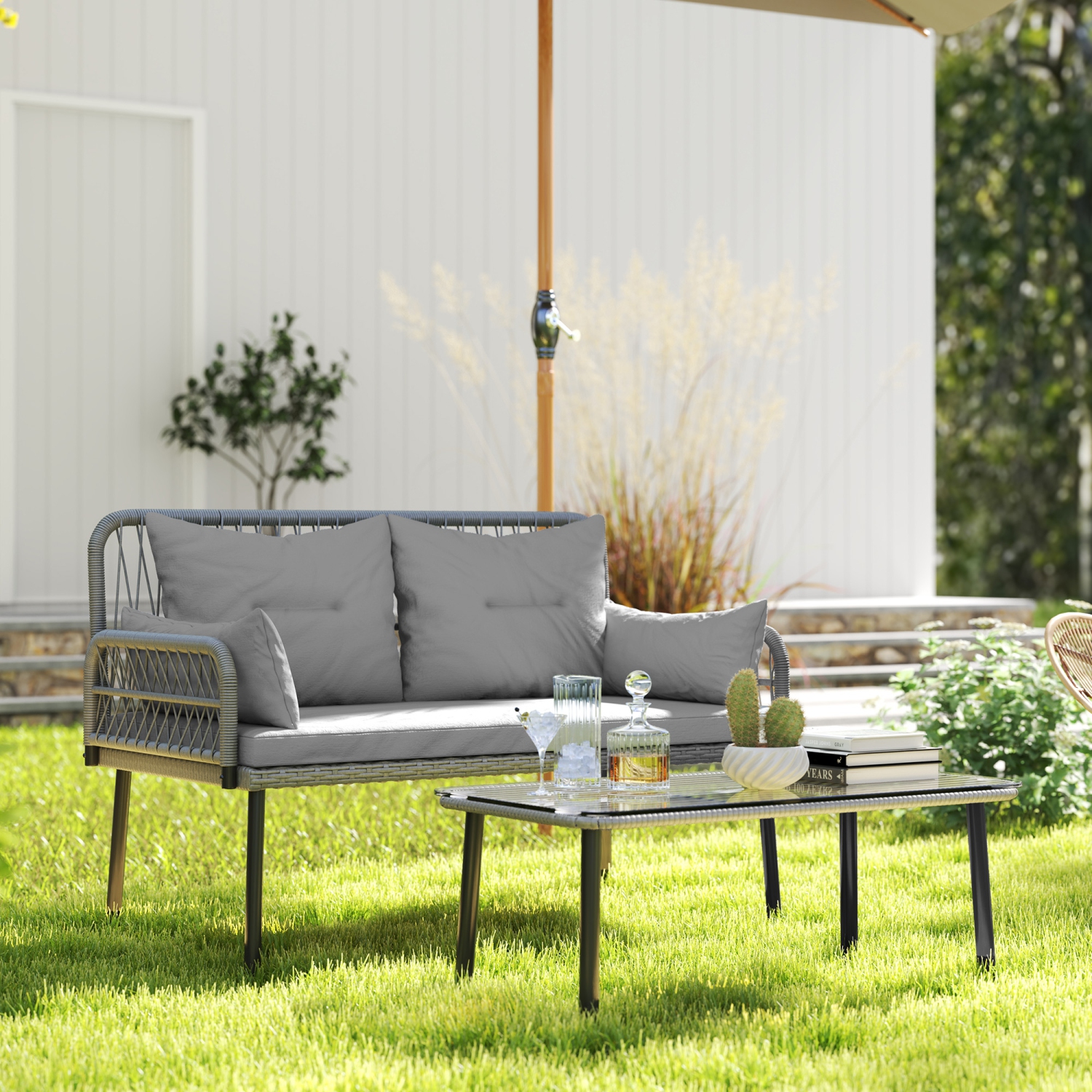 Outsunny 2 Pieces Wicker Patio Furniture Set, Small Patio Set with Outdoor Loveseat, Glass Top Coffee Table, Rattan Outdoor Furniture with Cushions