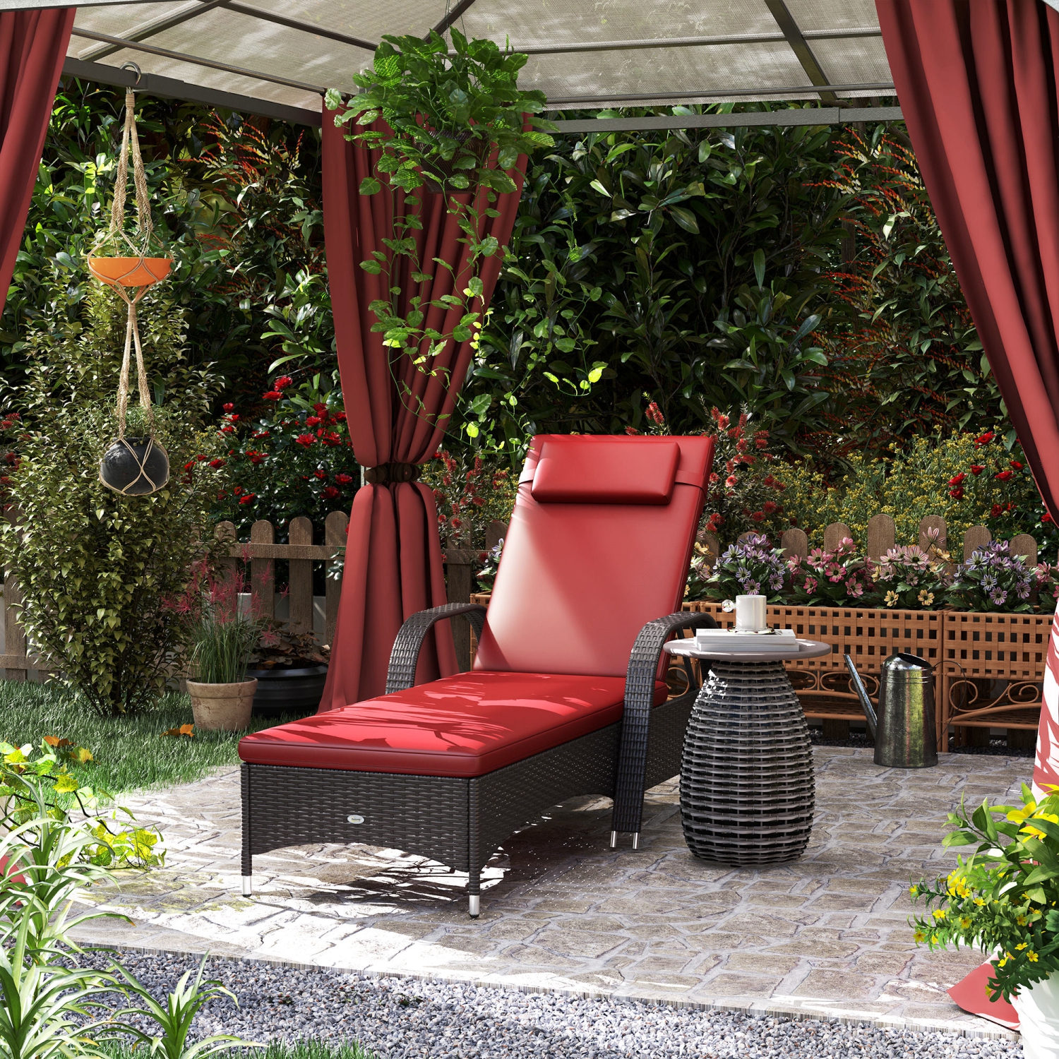 Chaise longue en osier Outsunny, chaise longue d'extérieur, chaise longue de patio en rotin PE avec appuie-tête, dossier réglable en hauteur à 5