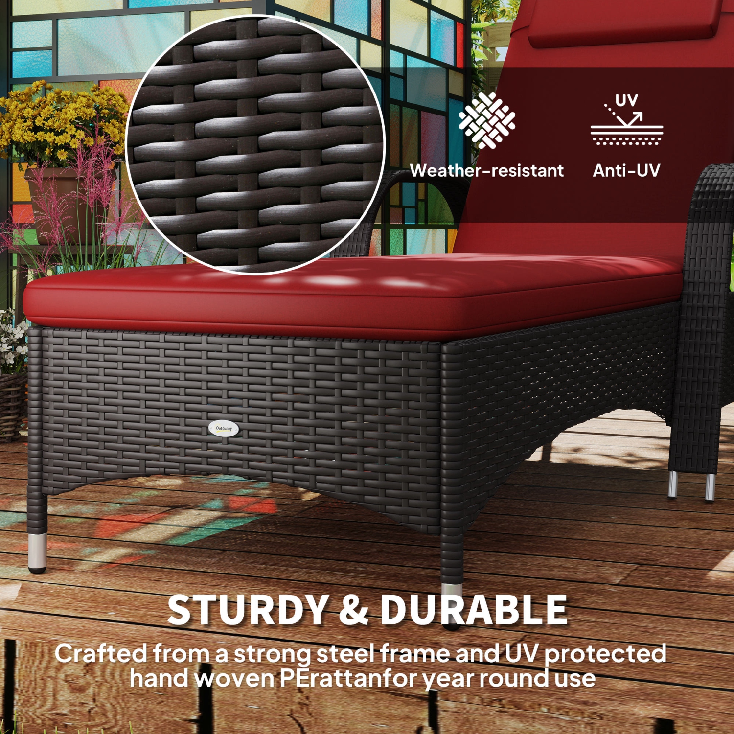 Chaise longue en osier Outsunny, chaise longue d'extérieur, chaise longue de patio en rotin PE avec appuie-tête, dossier réglable en hauteur à 5